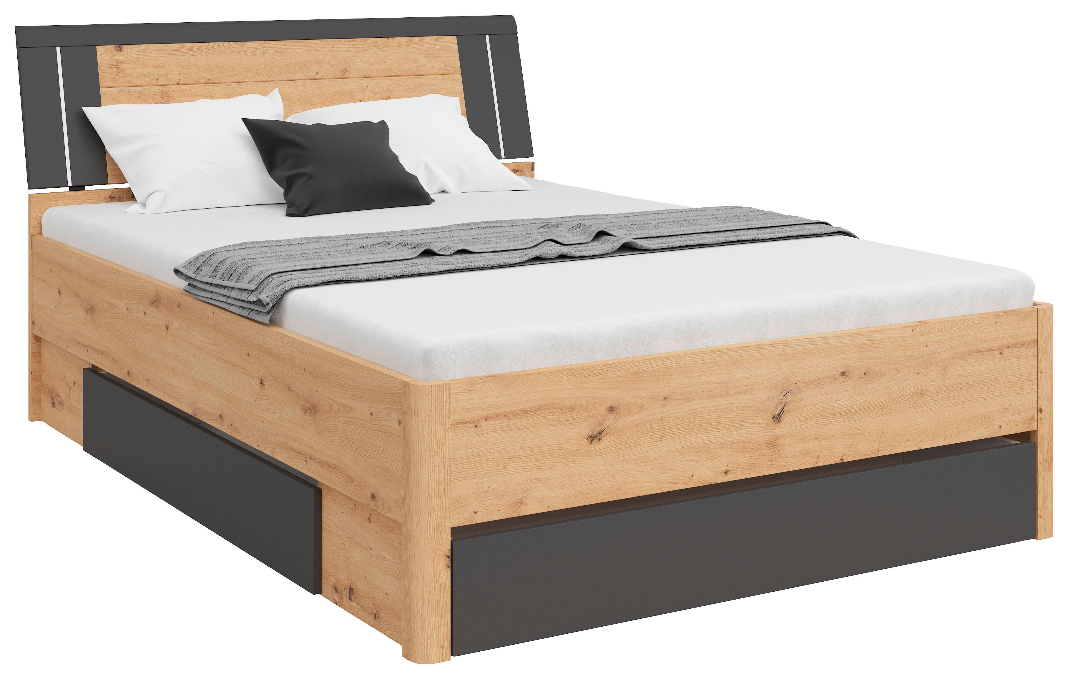 Pat cu spațiu de depozitare SATURN 140 - grafit/stejar Artisan, Konventionell, material pe bază de lemn (140/200cm)