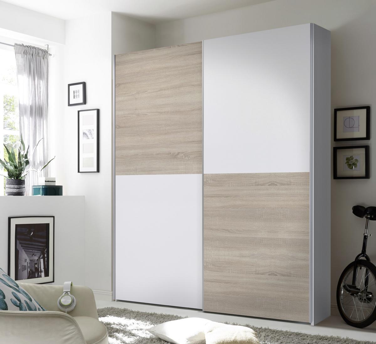 Omara Z Drsnimi Vrati Time, Bela, Barva Hrasta - bela/barve aluminija, Design, kovina/leseni material (170/195/57,5cm) - P & B