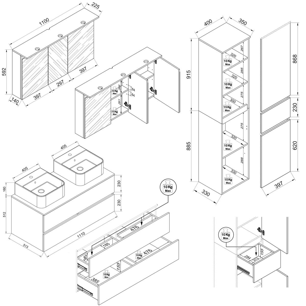 Badezimmer Cosila - Honigeiche/Weiss, Trend, Keramik/Holzwerkstoff (151cm) - MID.YOU