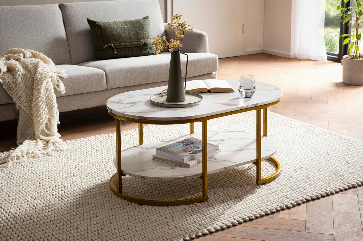 COUCHTISCH WL6.895 - Weiss Hochglanz/Goldfarben, Lifestyle, Holzwerkstoff/Metall (100/60/45cm) - Livetastic