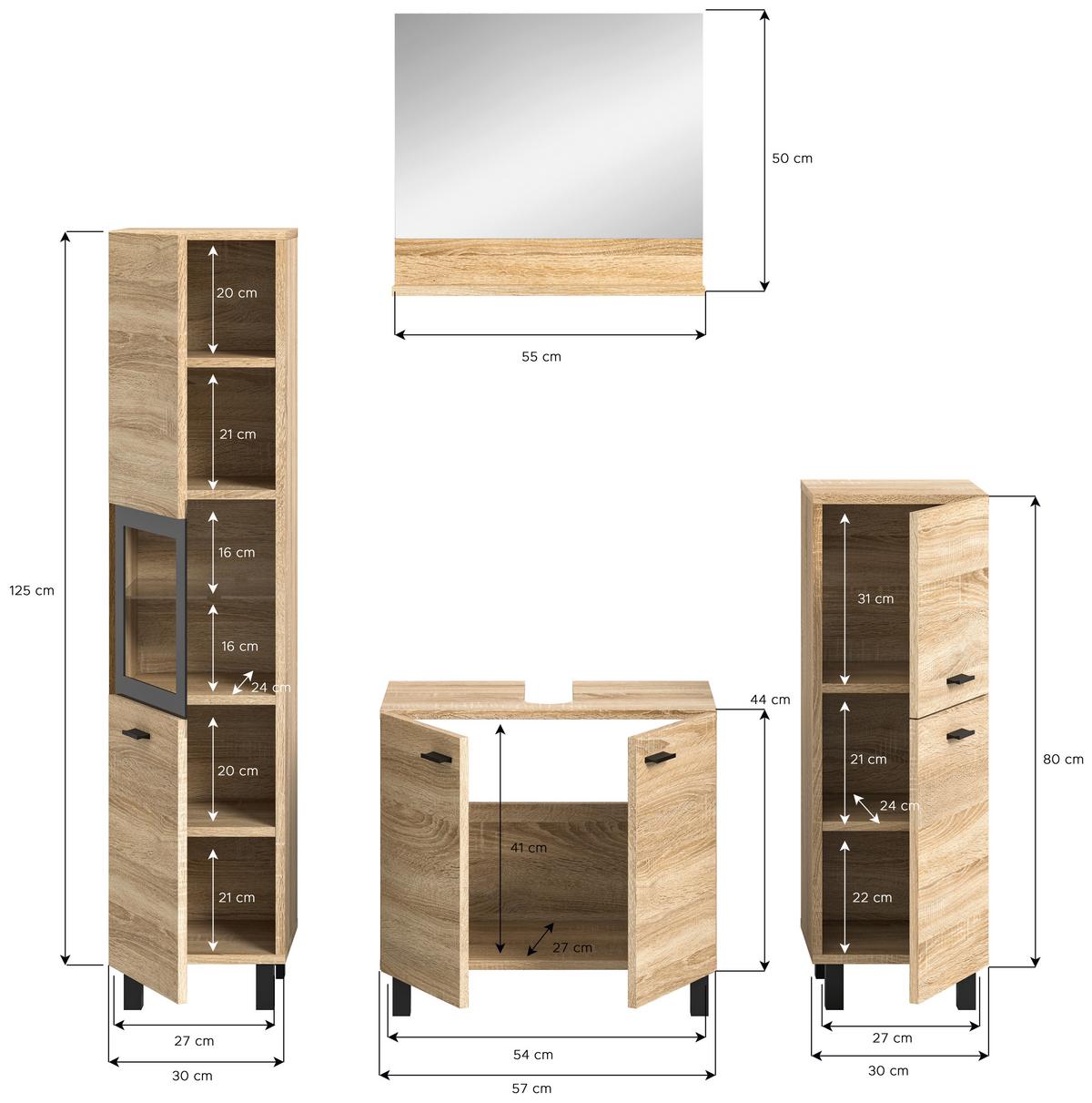 Kopalnica Boston, Hrast - črna/hrast sonoma, Moderno, umetna masa/steklo (117cm) - MID.YOU