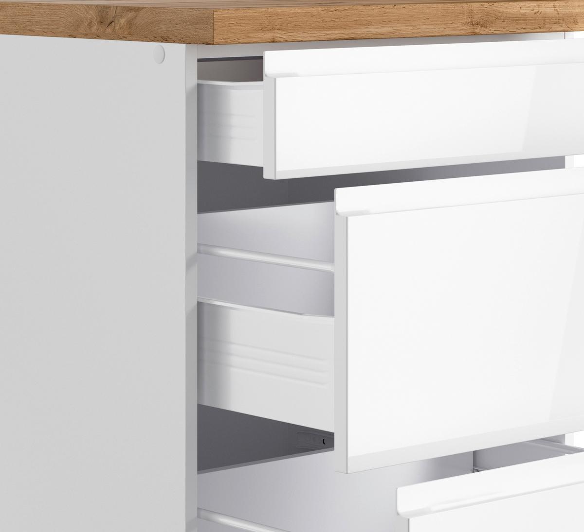 Küchenzeile Monza ohne Geräte ca. 300 cm Weiß/Eiche + Spüle - Weiß Hochglanz/Eiche Wotan, LIFESTYLE, Holzwerkstoff (300cm) - Held