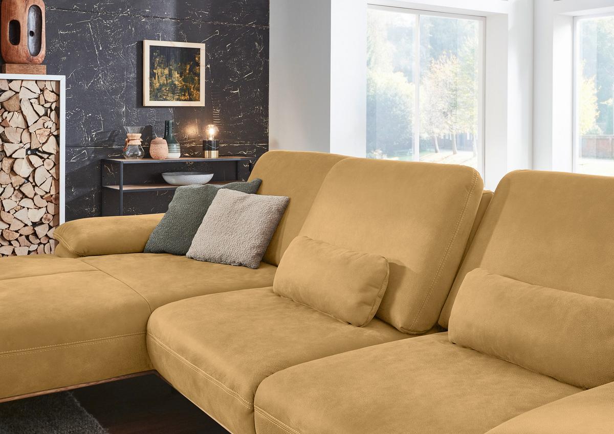 Wohnlandschaft Erling Dunkelgelb - Beige/Dunkelgelb, MODERN, Leder/Metall (187/89/322cm) - Premium Living