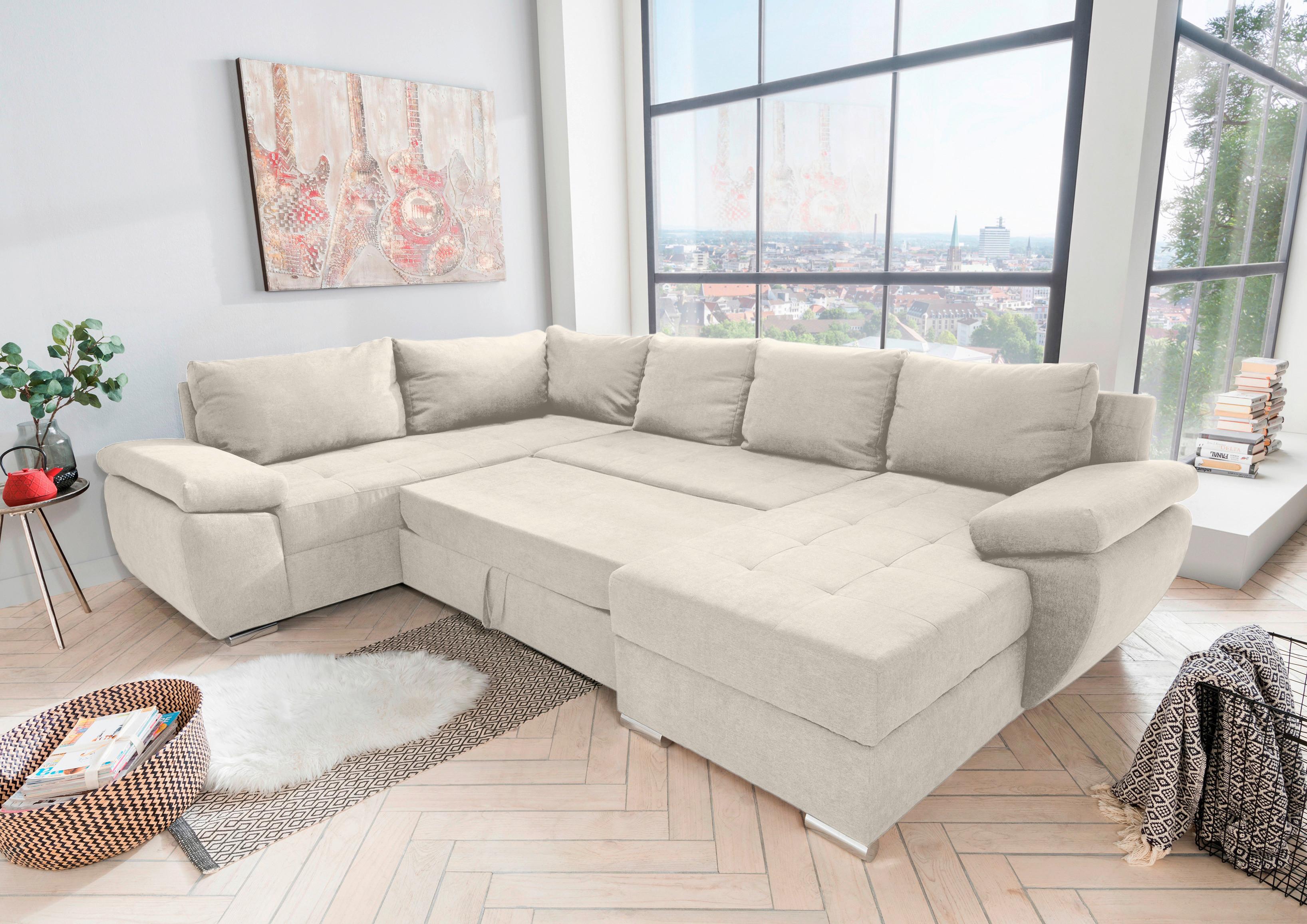 Sedežna Garnitura Terana, Krem, Ležišče, Predal - barve kroma/krem barve, Konvencionalno, tekstil (219/305/157cm) - Premium Living