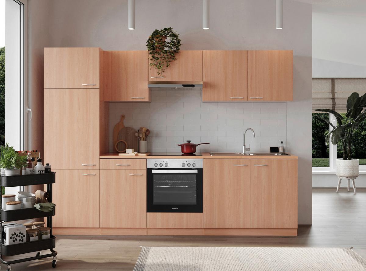 Küchenblock Gerda mit Geräten ca. 270 cm Buchefarben - Buchefarben/Alufarben, Basics, Holzwerkstoff/Kunststoff (270cm) - Respekta