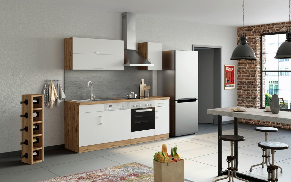 Küchenblock 'Sorrento' , Weiß - Chromfarben/Eiche Wotan, MODERN, Holzwerkstoff/Metall (210cm) - Held