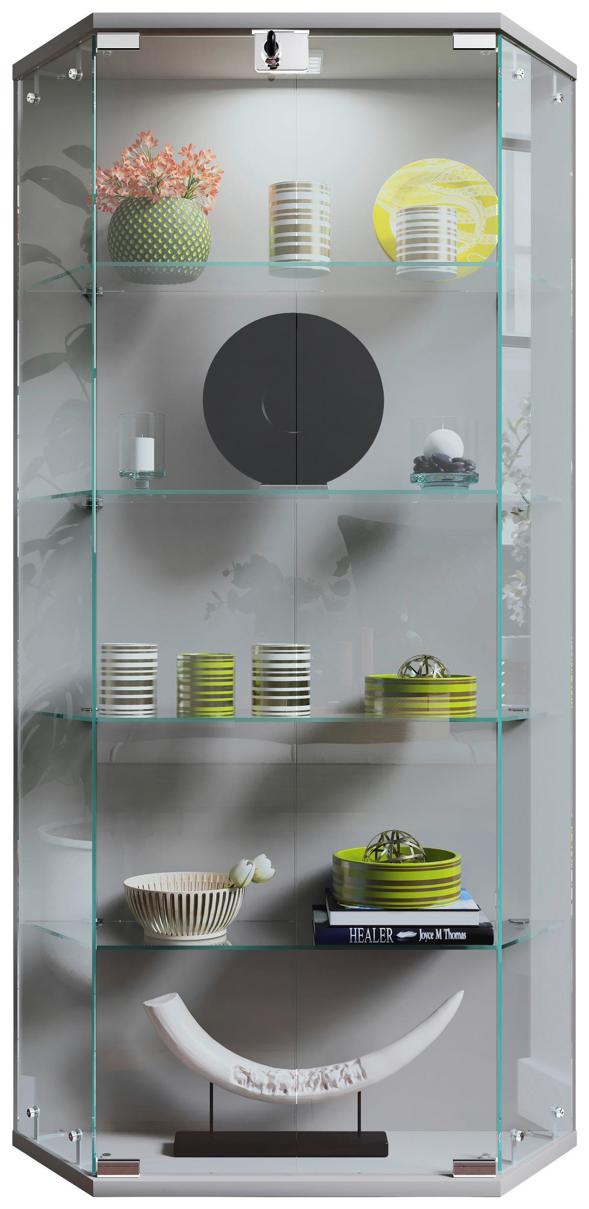 Vitrina Benila L, Srebrna - srebrne barve/prosojno, Design, steklo/leseni material (83/114/17cm) - MID.YOU