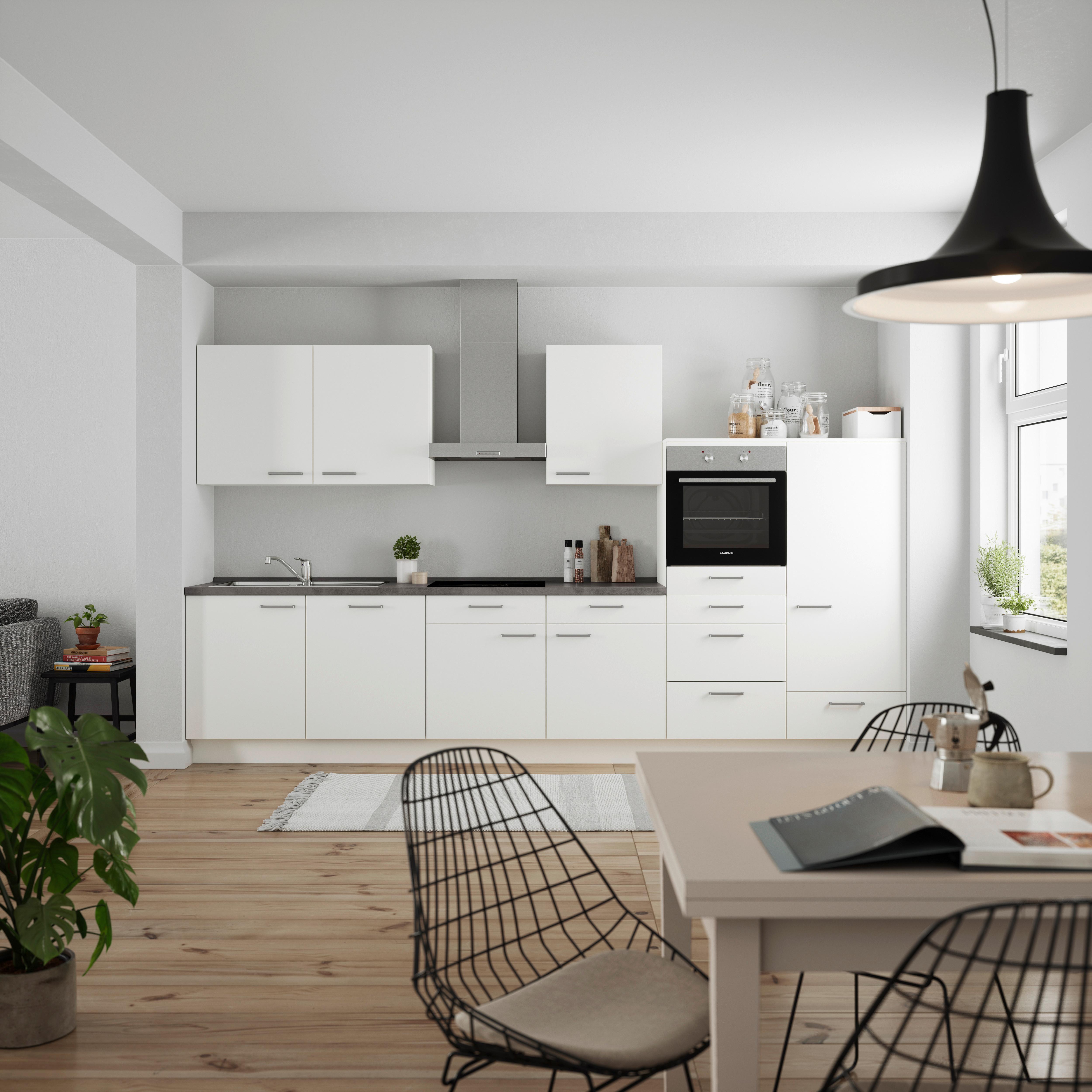 Küchenblock Touch Low m. Geräten Weiß - Schieferfarben/Edelstahlfarben, MODERN, Holzwerkstoff/Metall (360cm) - Nobilia