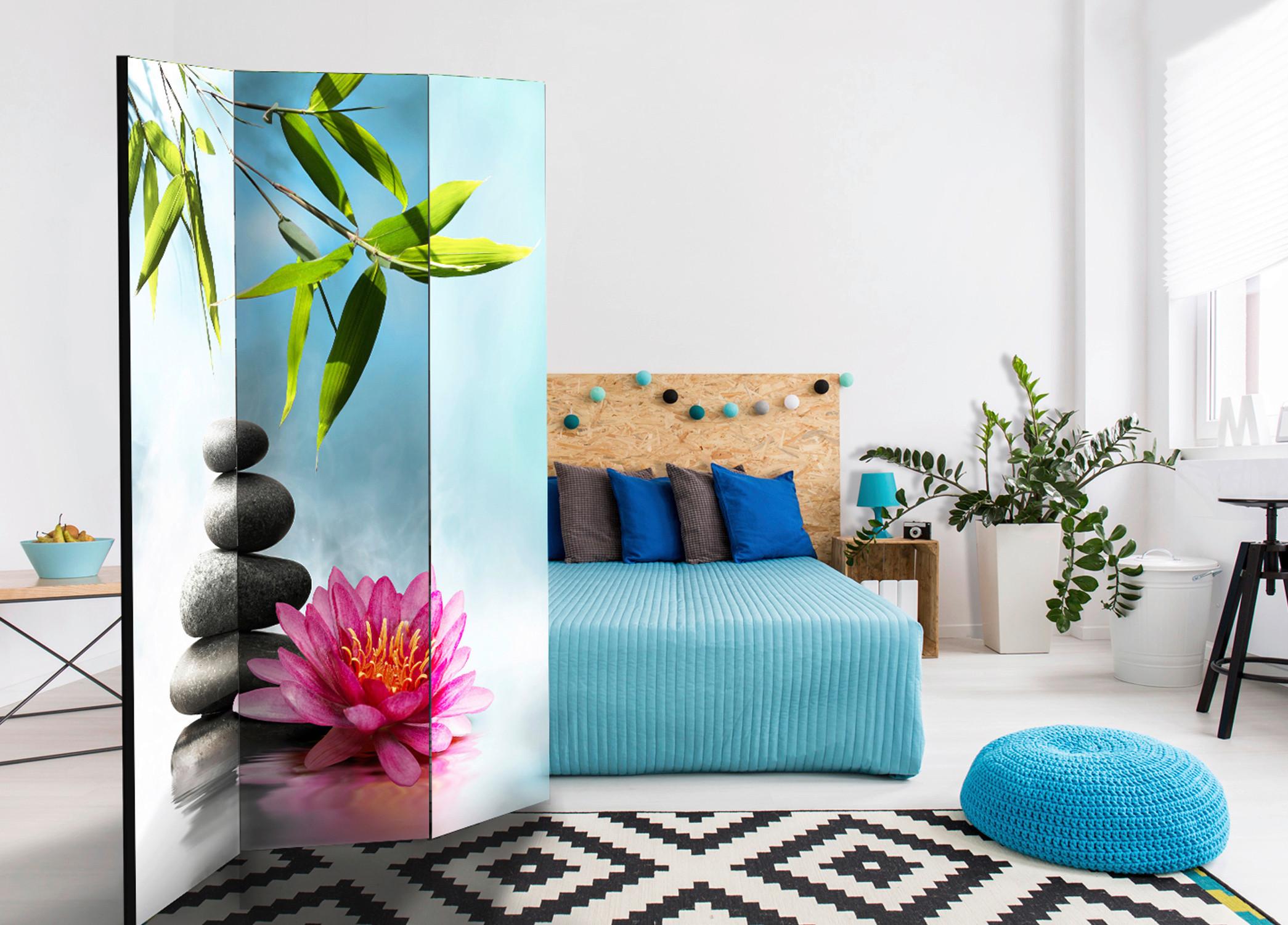 Paravan Water Lilly And Zen Stones, 3-Delni, Dvostranski - svetlo modra/zelena, Basics, tekstil/les (135/172/3cm) - artgeist