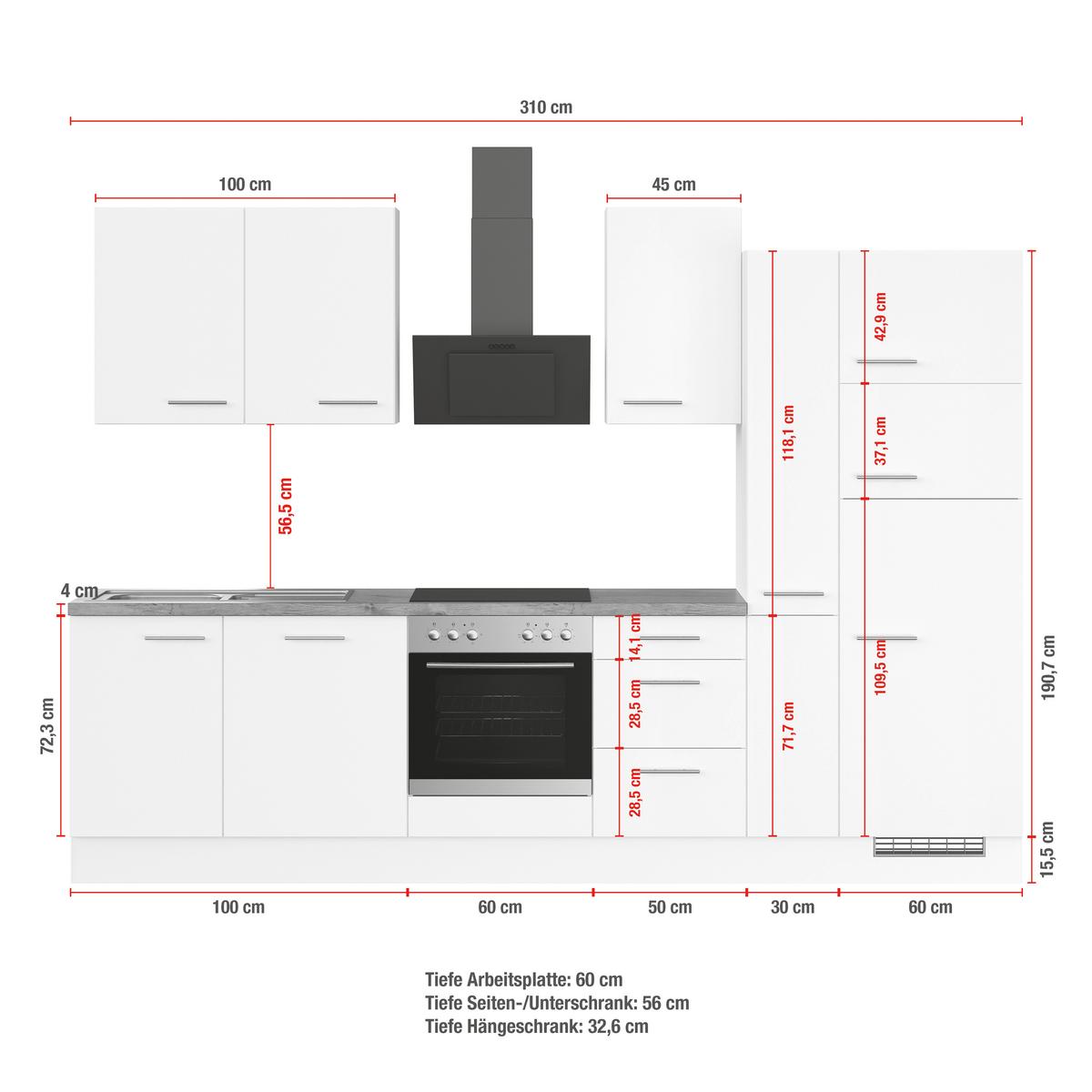 Küchenblock inkl. 5 E-Geräte IP1200 Grau/Weiß - Eichefarben/Schwarz, Trend, Holzwerkstoff/Metall (310cm) - Impuls