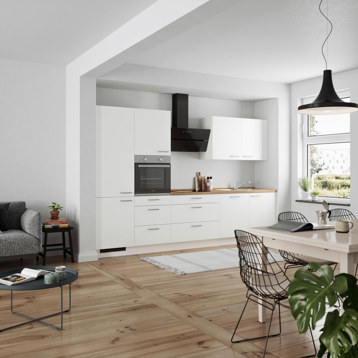 Küchenblock Touch High m. Geräten Weiß - Edelstahlfarben/Eichefarben, MODERN, Holzwerkstoff/Metall (330cm) - Nobilia