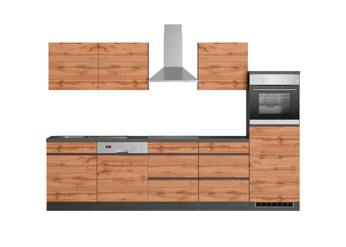 Küchenzeile Turin mit Geräten ca. 300 cm Graphit/Eiche - Eiche Wotan/Graphitfarben, Design, Holzwerkstoff (300cm) - Held