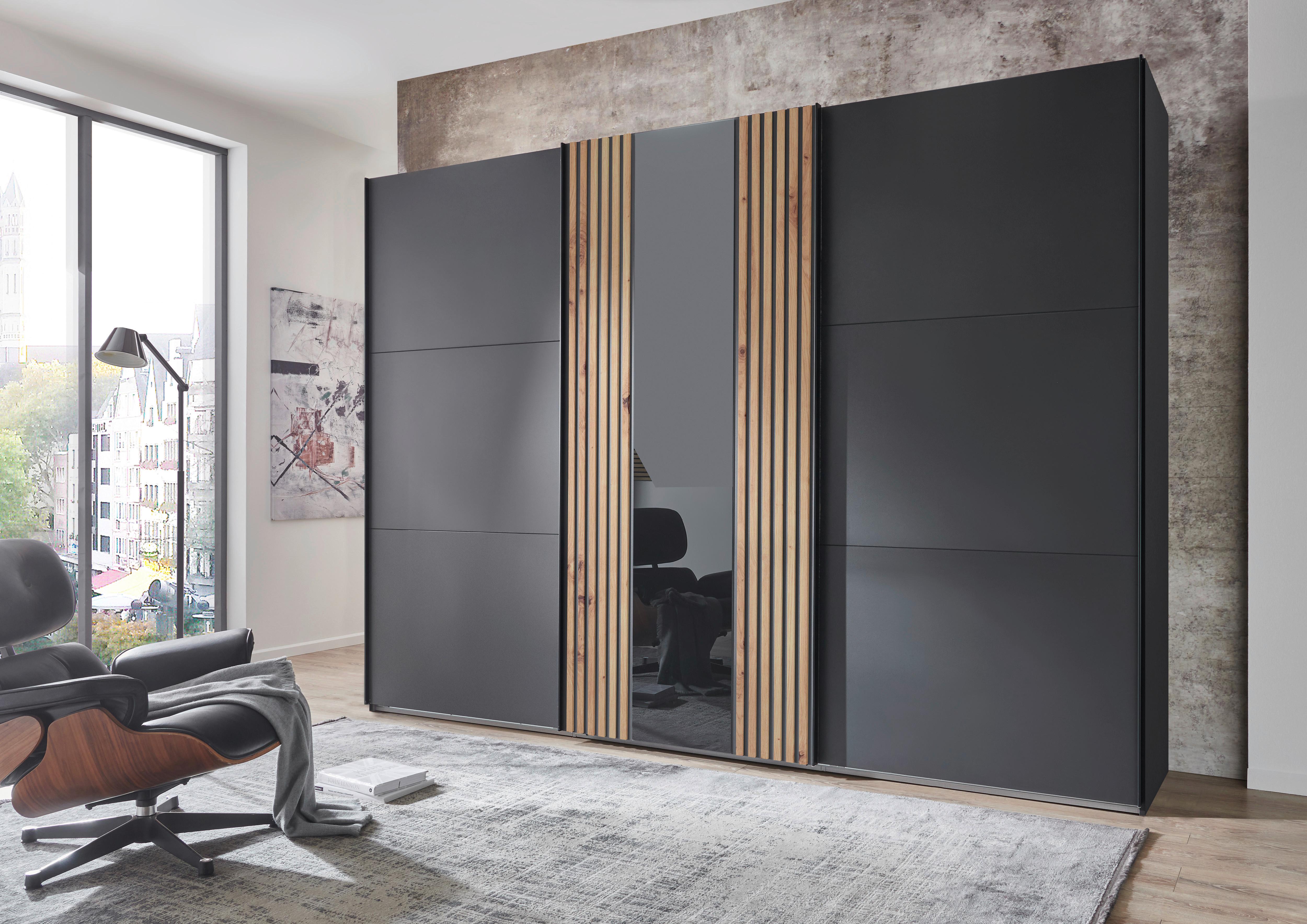 DULAP USI CULISANTE ATLANTA - grafit/stejar Artisan, Modern, sticlă/material pe bază de lemn (300/216/65cm) - Premium Living