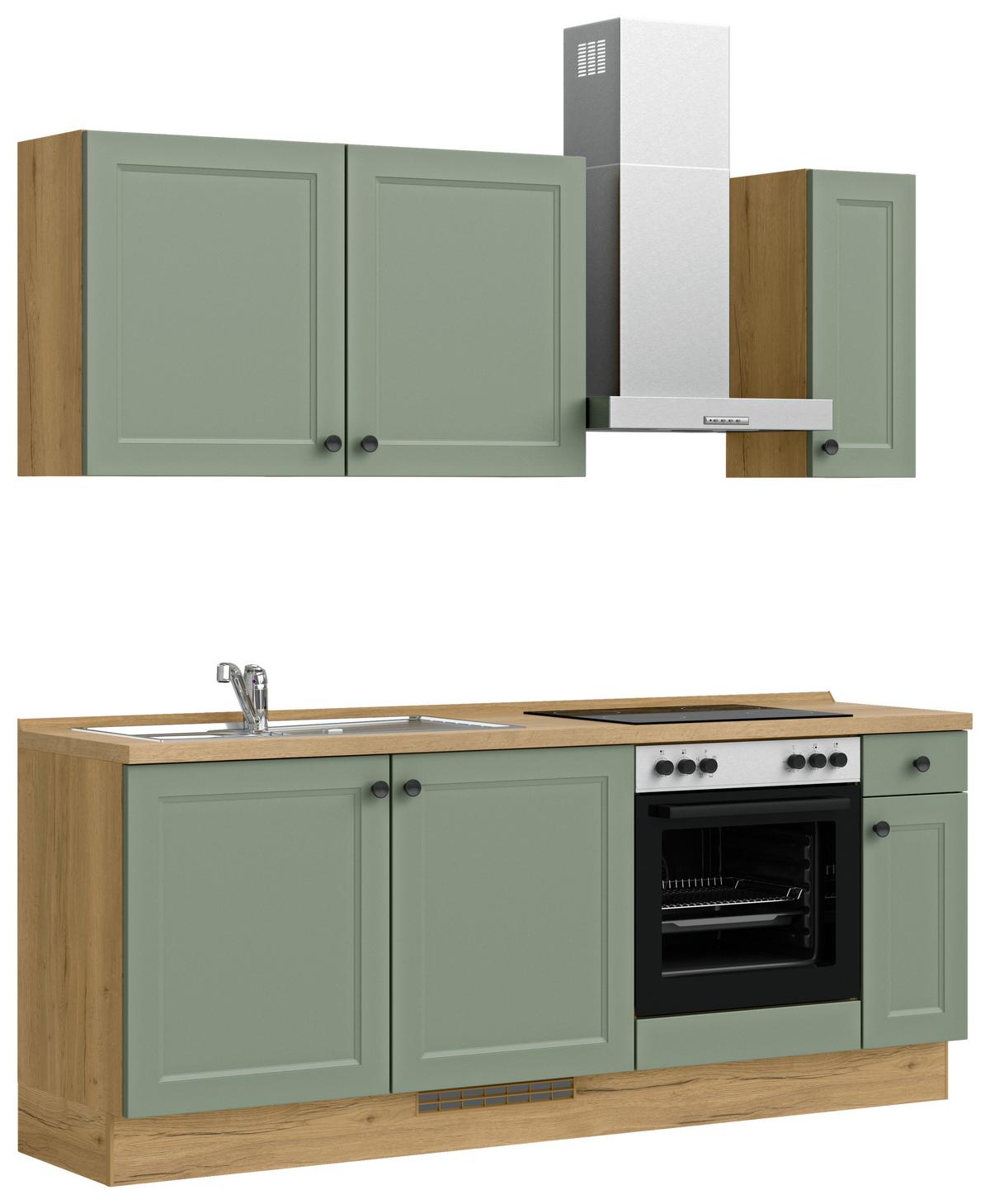 Küchenblock Cascada Low m. Geräten Schilfgrün - Schilfgrün/Eichefarben, MODERN, Holzwerkstoff/Metall (210cm) - Nobilia