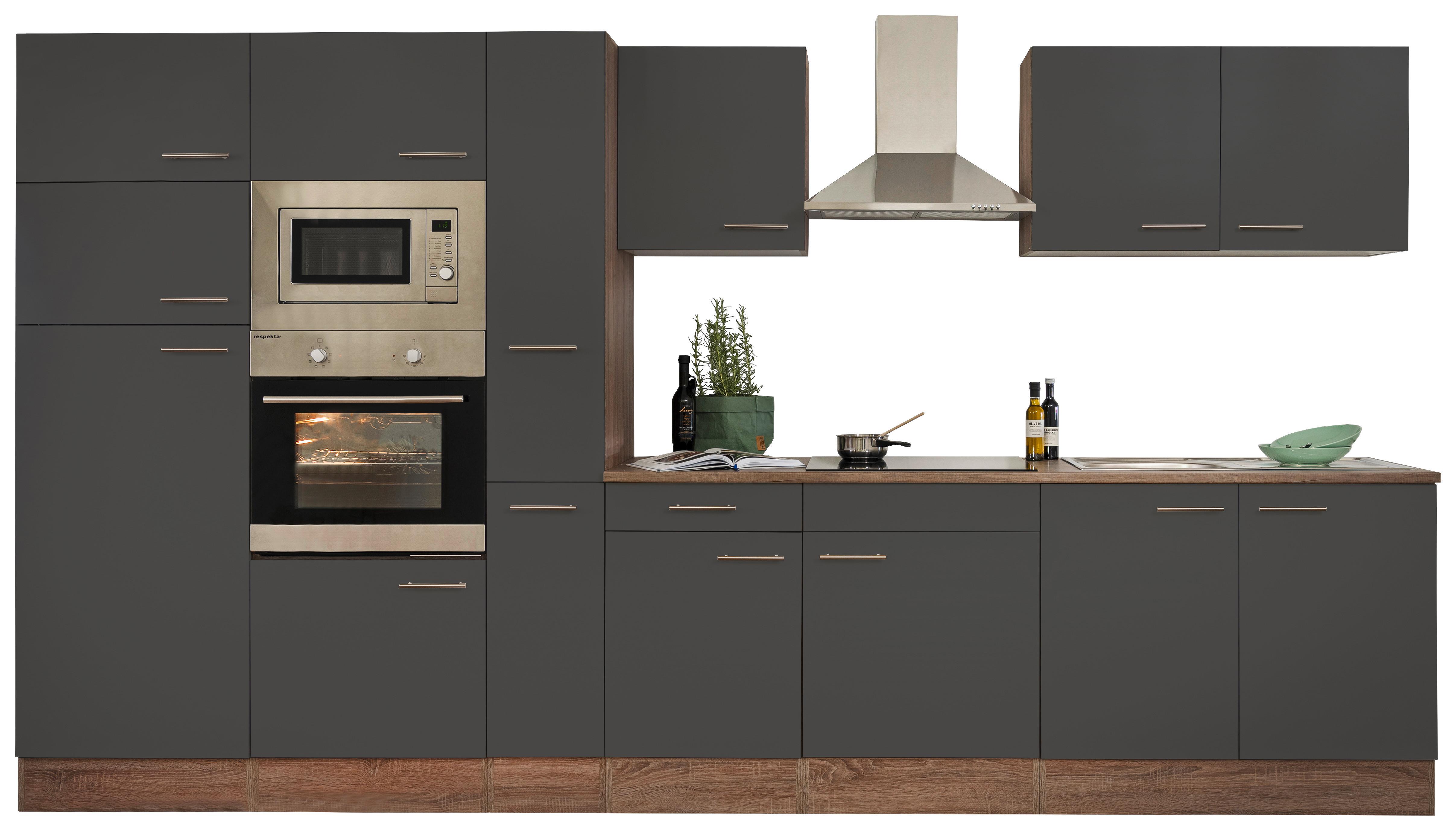 Küchenzeile Economy o. Geräte Grau/Eiche B: ca. 360 cm - Edelstahlfarben/Eichefarben, Basics, Holzwerkstoff/Metall (360cm) - Respekta