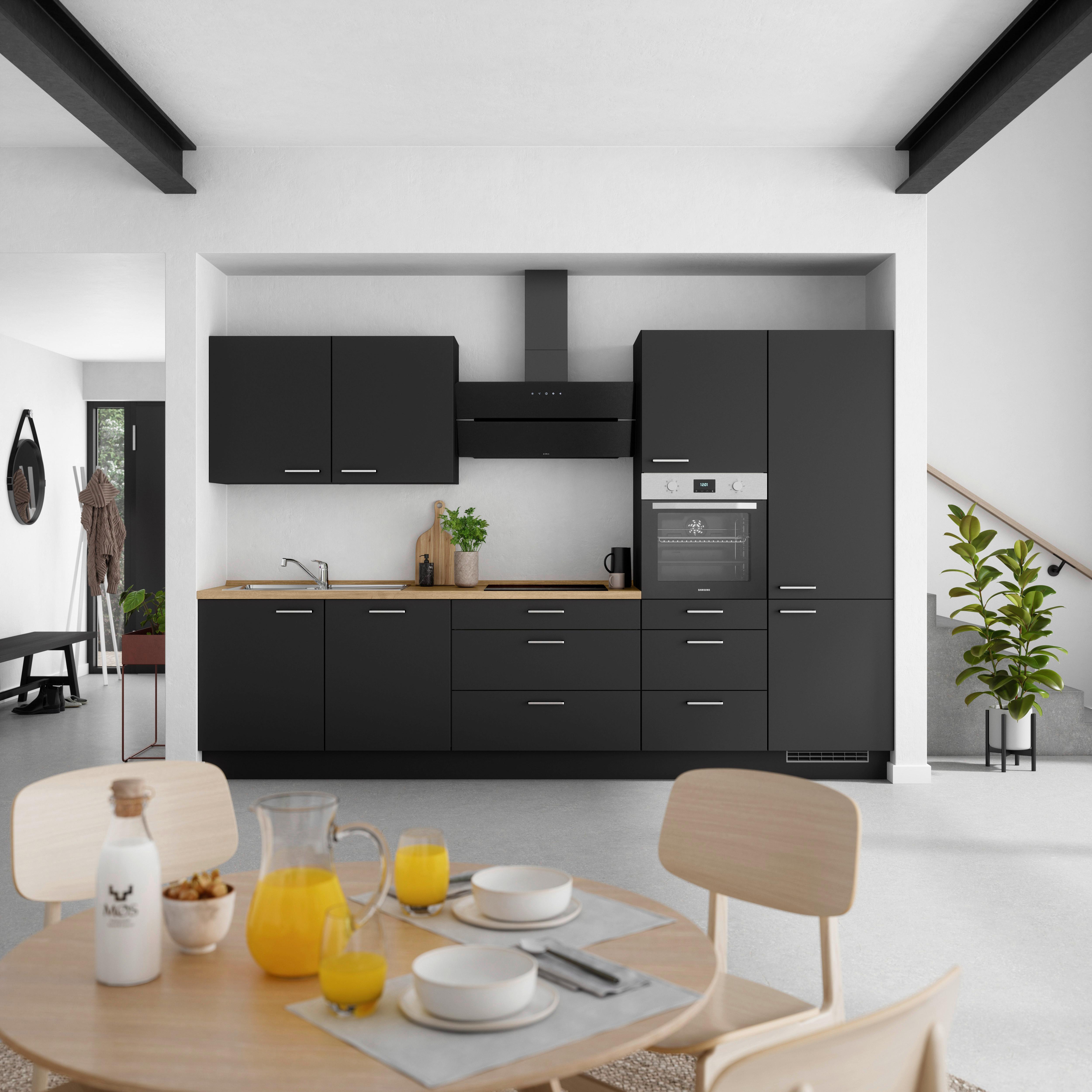 Küchenblock Touch High m. Geräten Schwarz - Edelstahlfarben/Eichefarben, MODERN, Holzwerkstoff/Metall (330cm) - Nobilia