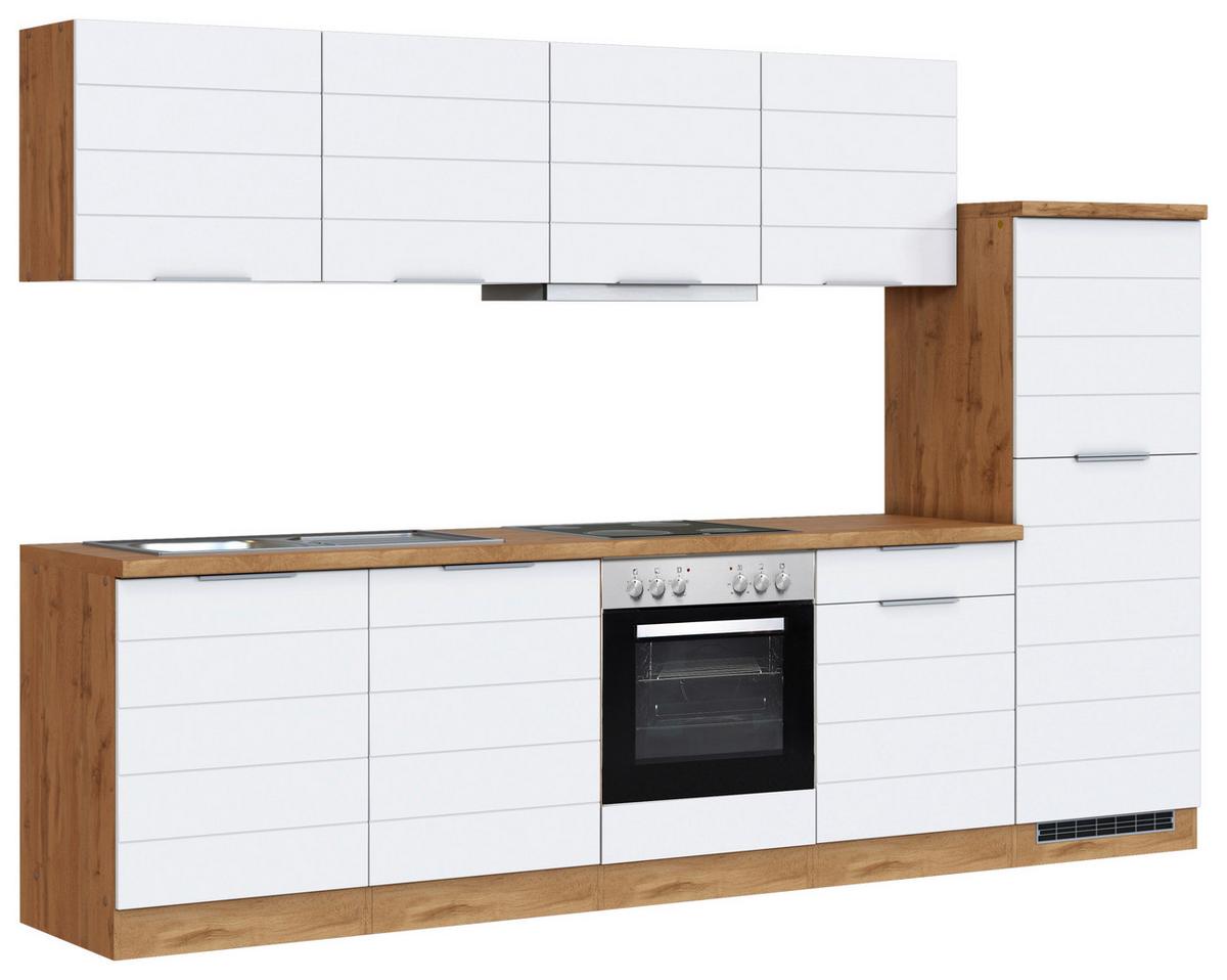 Küchenblock Florenz mit Geräten ca. 300 cm Weiß/Eiche - Eiche Wotan/Weiß, Design, Holzwerkstoff/Metall (300cm) - Held