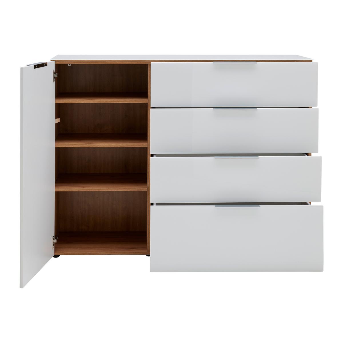 Sideboard Oakland in Weiß/Eichefarben - Chromfarben/Eichefarben, MODERN, Glas/Holzwerkstoff (134/102/42cm) - Premium Living