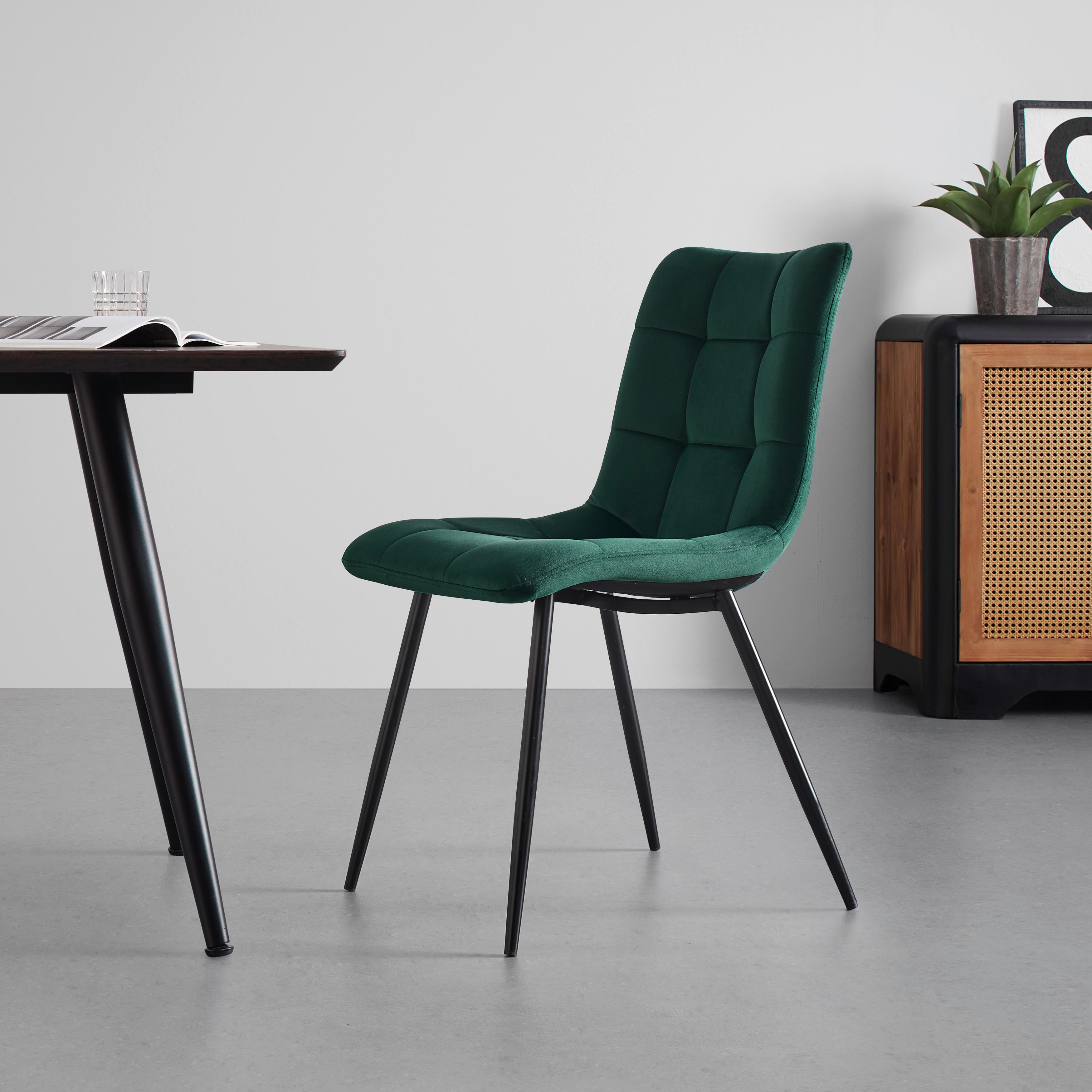 Stuhl "Suri", Samtbezug, grün, Gepolstert - Schwarz/Grün, MODERN, Holz/Textil (46/87/59cm) - Bessagi Home