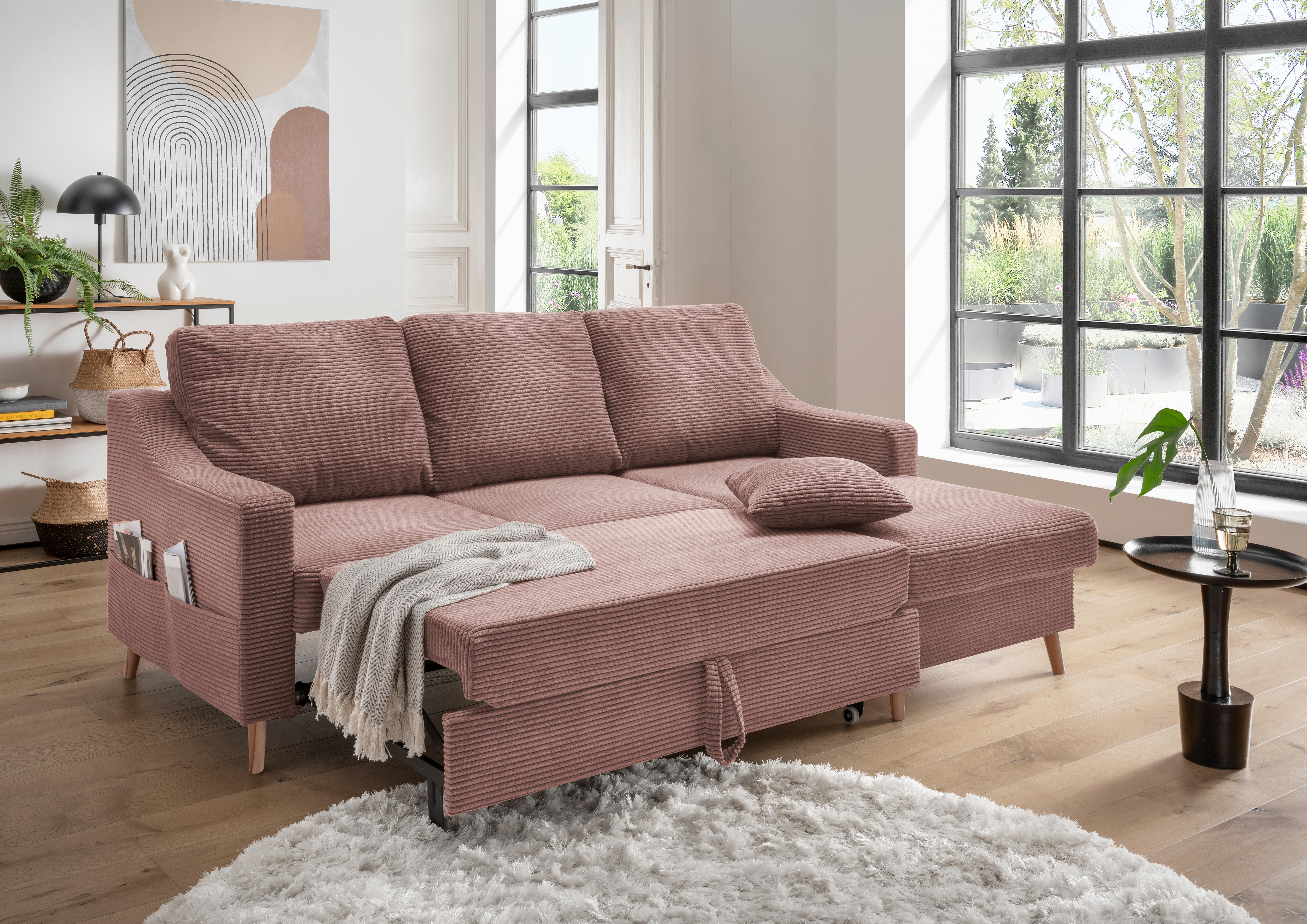 Ecksofa Valenina Cord ca. 228x150 cm Rosa - Rosa/Naturfarben, Design, Holz/Textil (228/150cm) - P & B