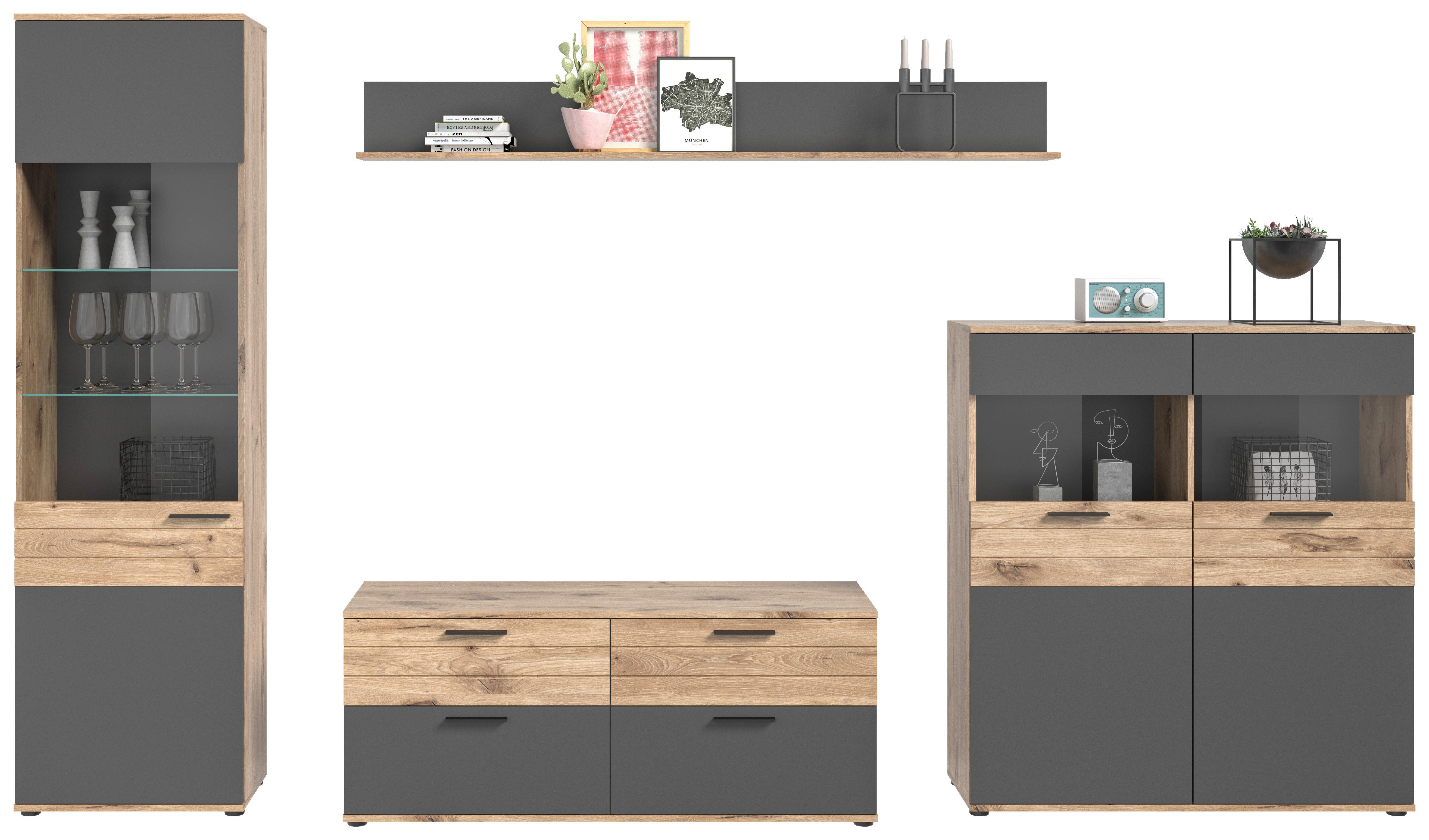 Dnevni Regal Mason, 4-Delno, Siva, Barva Hrasta - siva/črna, Konvencionalno, umetna masa/steklo (327/200/44cm) - MID.YOU