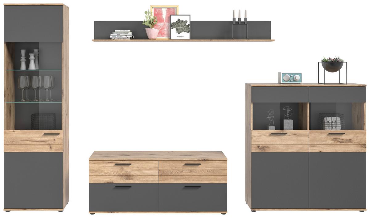 Dnevni Regal Mason, 4-Delno, Siva, Barva Hrasta - siva/črna, Konvencionalno, umetna masa/steklo (327/200/44cm) - MID.YOU