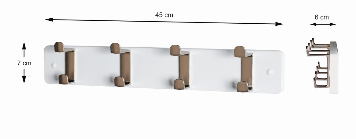 Hakenleiste Freddy 4 Weiß/Edelstahlfarben - Edelstahlfarben/Weiß, KONVENTIONELL, Holzwerkstoff/Metall (45/7/6cm) - Mömax
