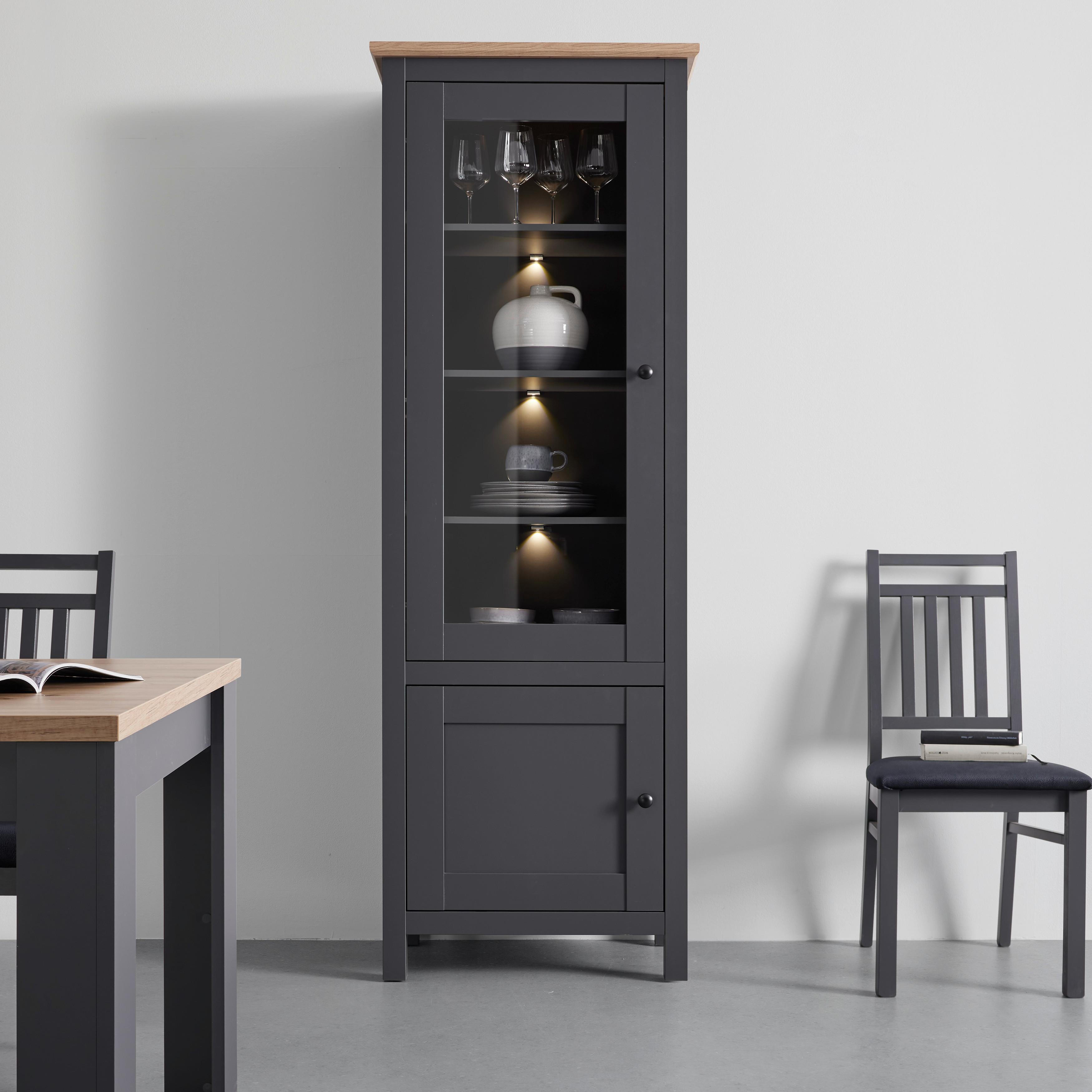 Vitrina Claudio, Temno Siva, Barva Hrasta, Led - temno siva/črna, Moderno, umetna masa/steklo (71/203/44cm) - Bessagi Home
