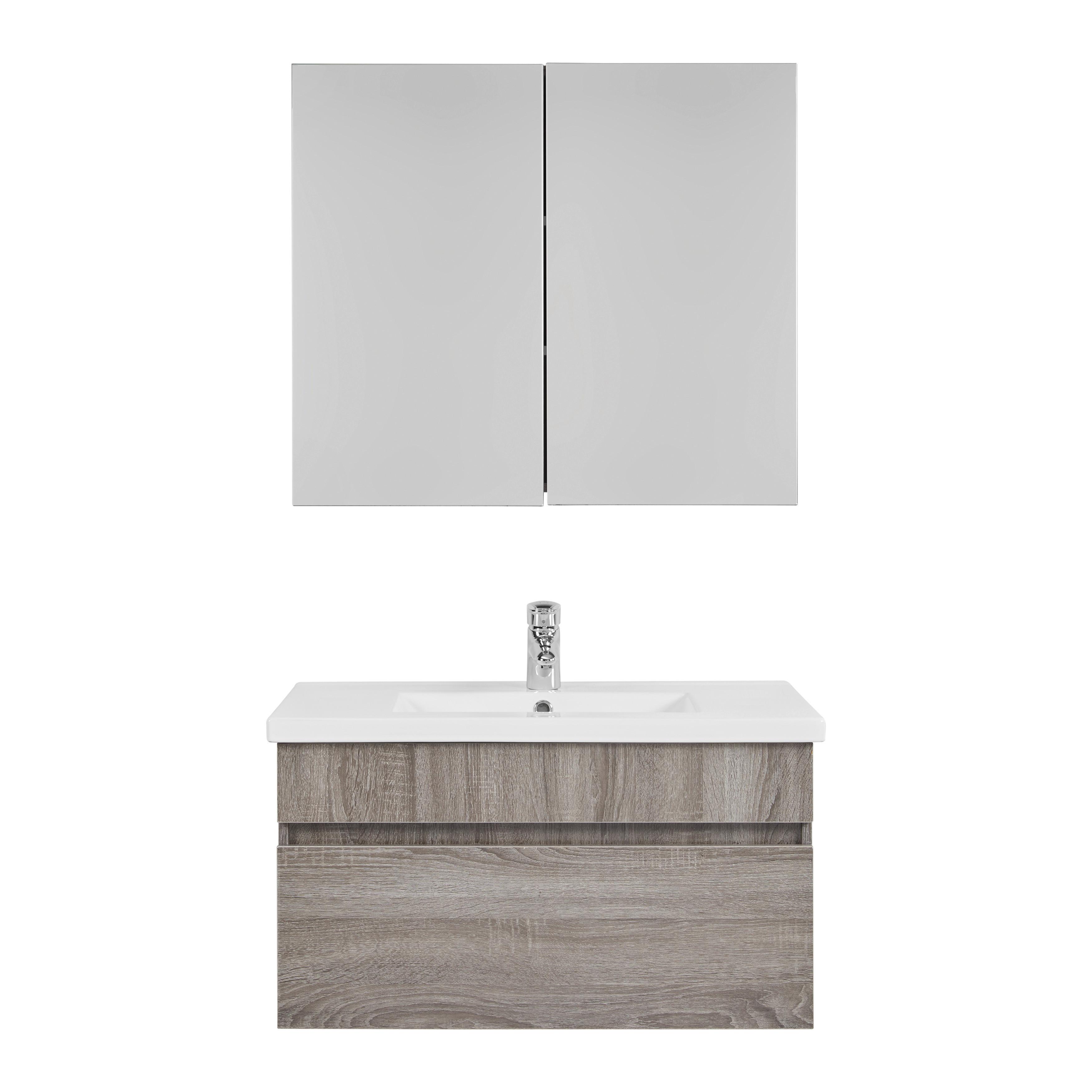 Badezimmer Isla Grau mit Waschbecken und Spiegelschrank - Klar/Naturfarben, MODERN, Glas/Keramik (80/70/47/70/47/13cm) - Bessagi Home