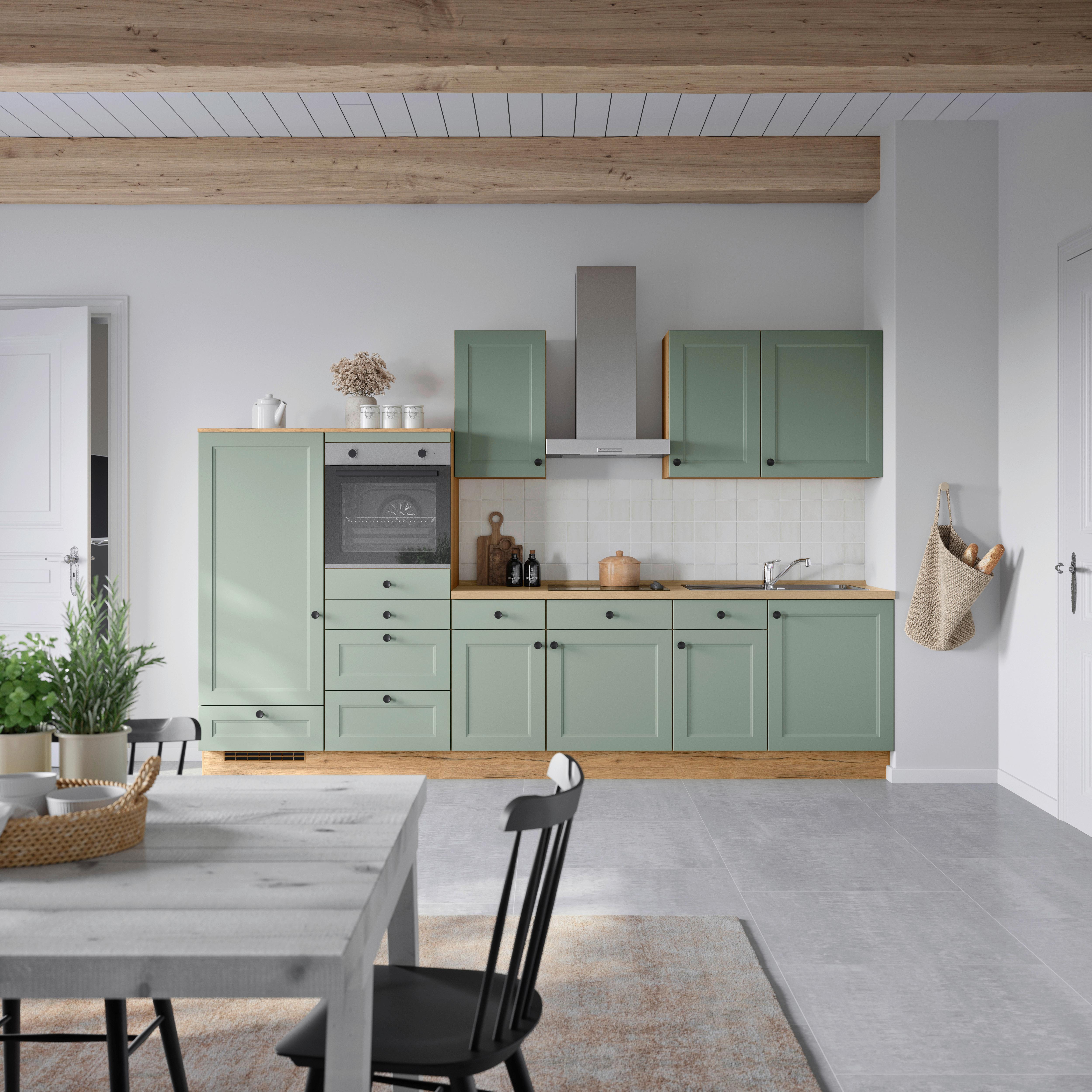 Küchenblock Cascada Low m. Geräten Schilfgrün - Schilfgrün/Eichefarben, MODERN, Holzwerkstoff/Metall (330cm) - Nobilia