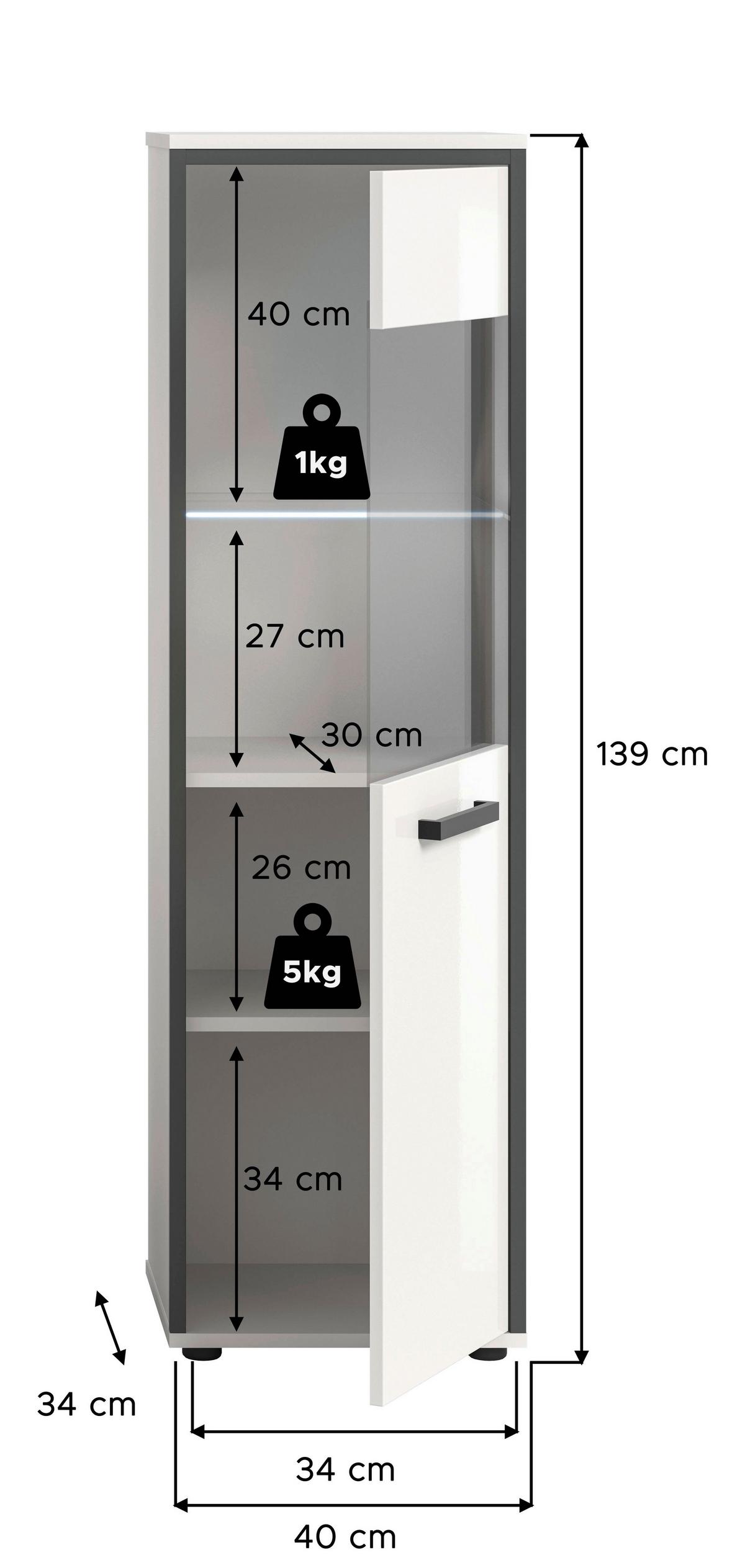 Midischrank Kojak Weiß/Anthrazit mit LED - Weiß Hochglanz/Schwarz, MODERN, Holzwerkstoff/Kunststoff (40/139/34cm) - MID.YOU