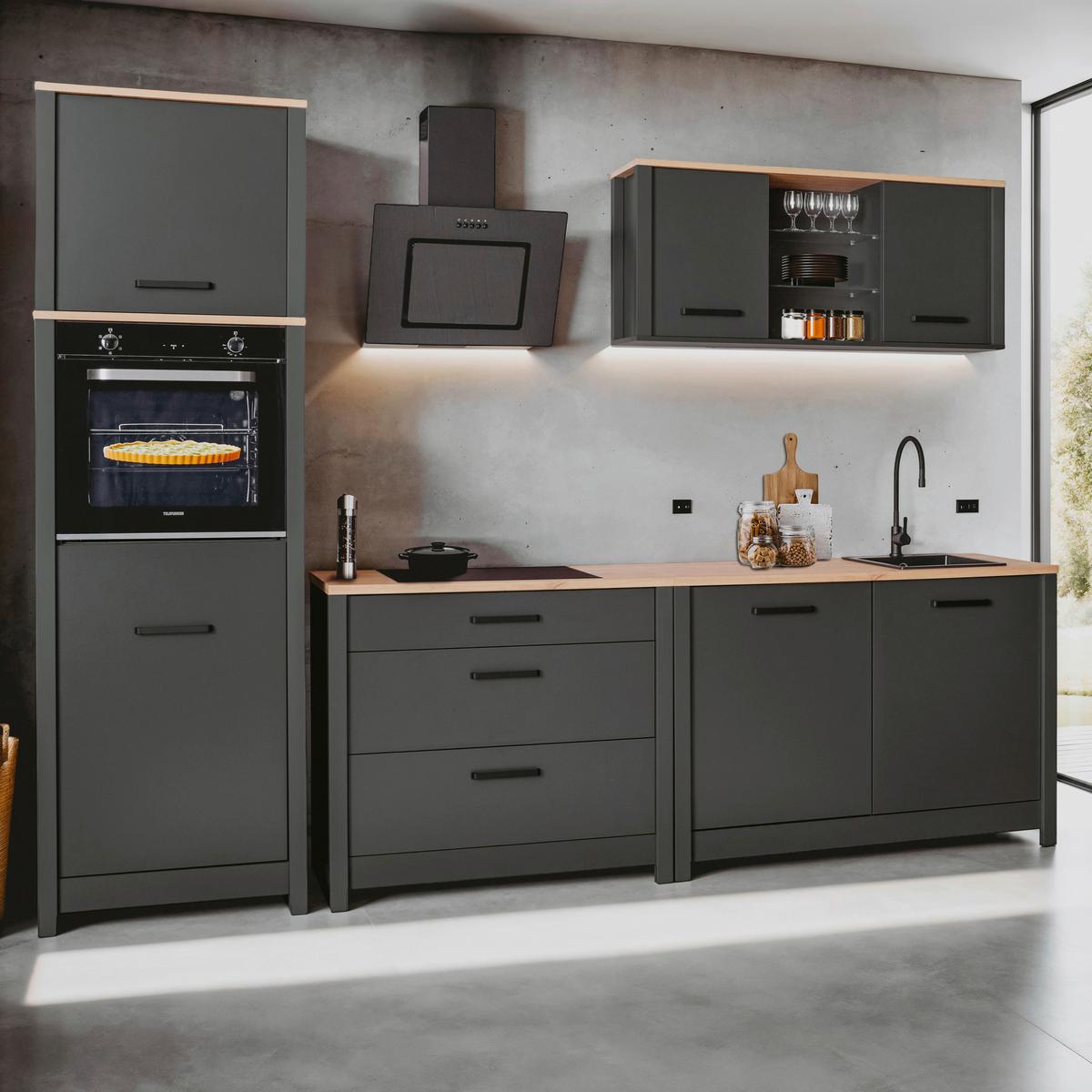 Küchenleerblock Bundle 5 o. Geräte Anthrazit - Anthrazit/Schwarz, MODERN, Glas/Holzwerkstoff (300cm) - home24