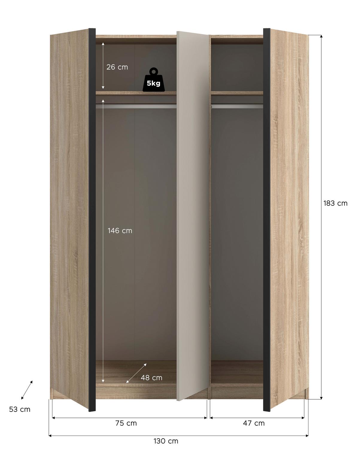 Omara S Klasičnimi Vrati Oakland, Barva Hrasta - kašmir/črna, Moderno, leseni material (130/183/53cm) - MID.YOU