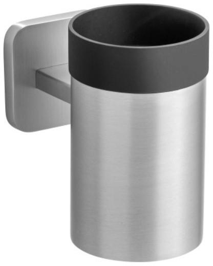 Pahar pentru periuțe de dinți Porto - culoare inox/negru, Konventionell, plastic/metal (6,5/11/10,5cm) - Wenko