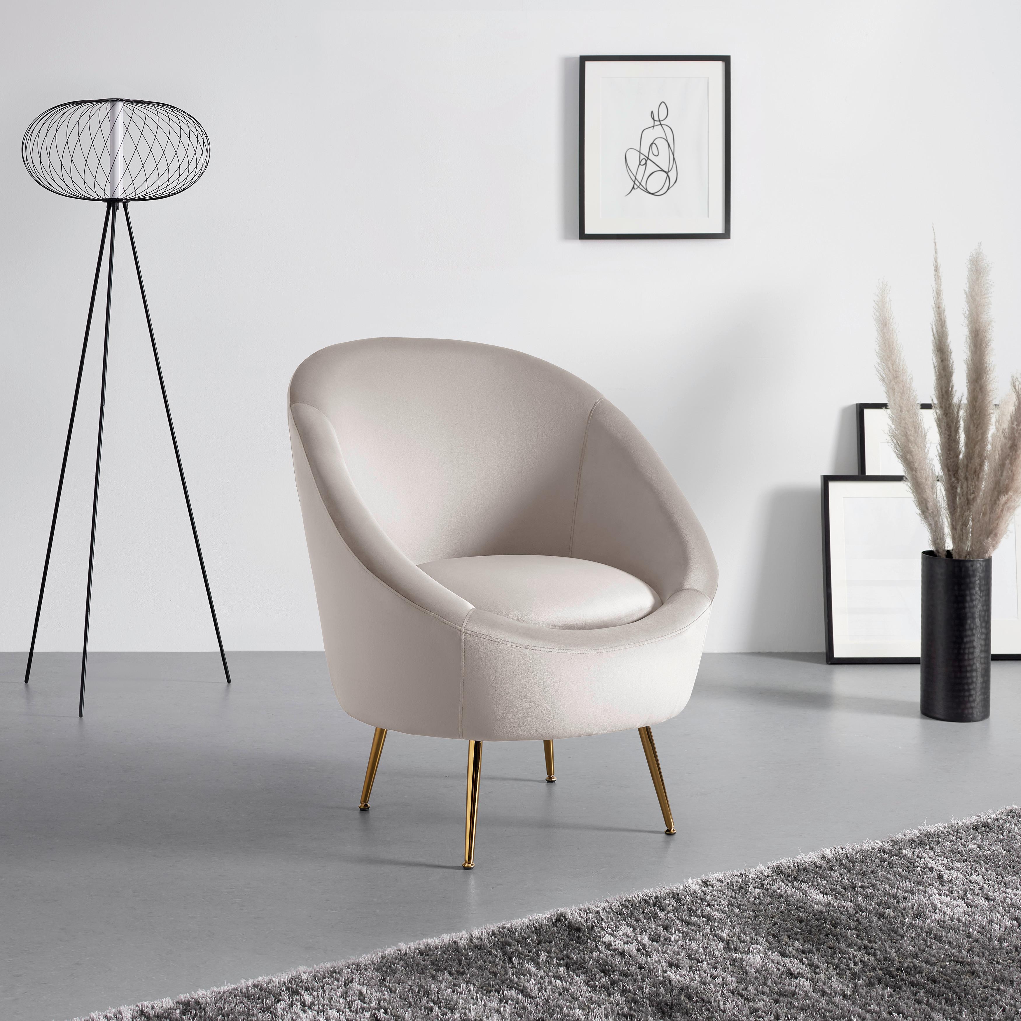 Sessel Lou Hellgrau Samt - Goldfarben/Hellgrau, MODERN, Textil/Metall (80/92/75cm) - Bessagi Home