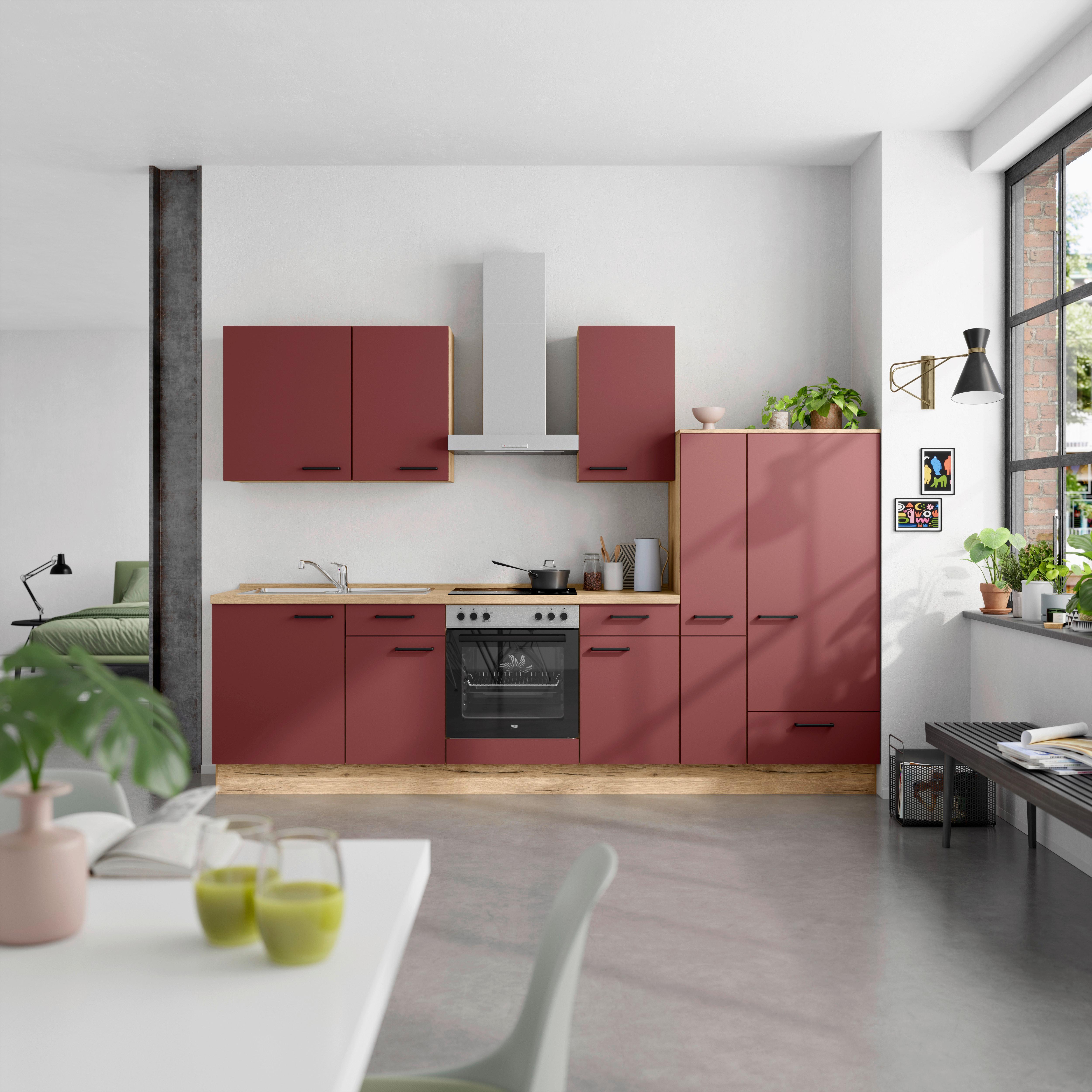 Küchenblock Easytouch Low m. Geräten Dunkelrot - Eichefarben/Schwarz, MODERN, Holzwerkstoff/Metall (300cm) - Nobilia