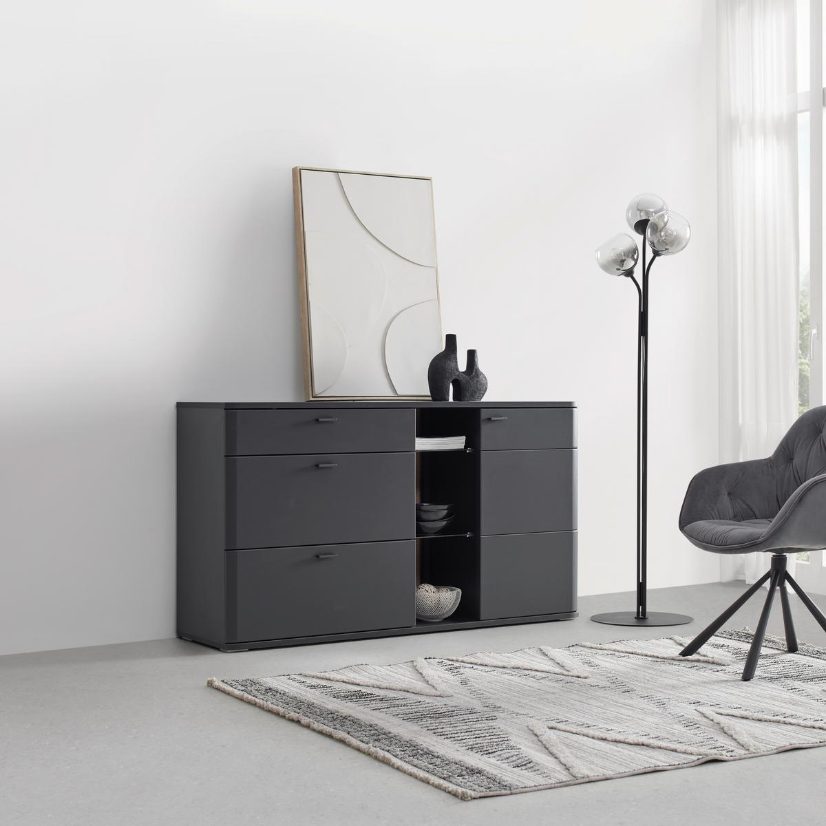 Sideboard Carreto in Schwarz/Eichefarben - Eichefarben/Anthrazit, MODERN, Glas/Holzwerkstoff (160/90/44cm) - Premium Living