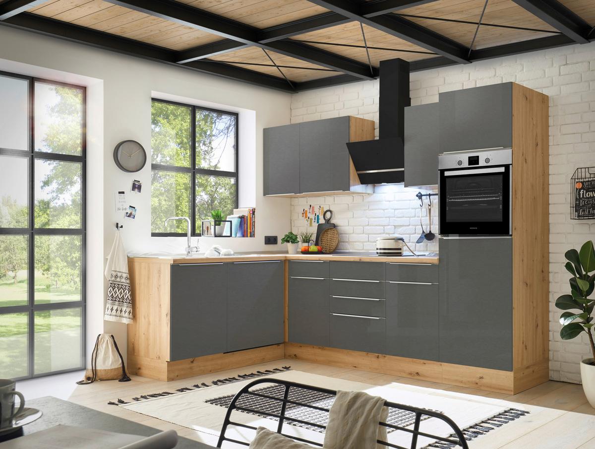Eckküche Marleen mit Geräten Grau/Eiche ca. 280x170 cm - Anthrazit/Alufarben, LIFESTYLE, Holzwerkstoff/Kunststoff (280/170cm) - Respekta