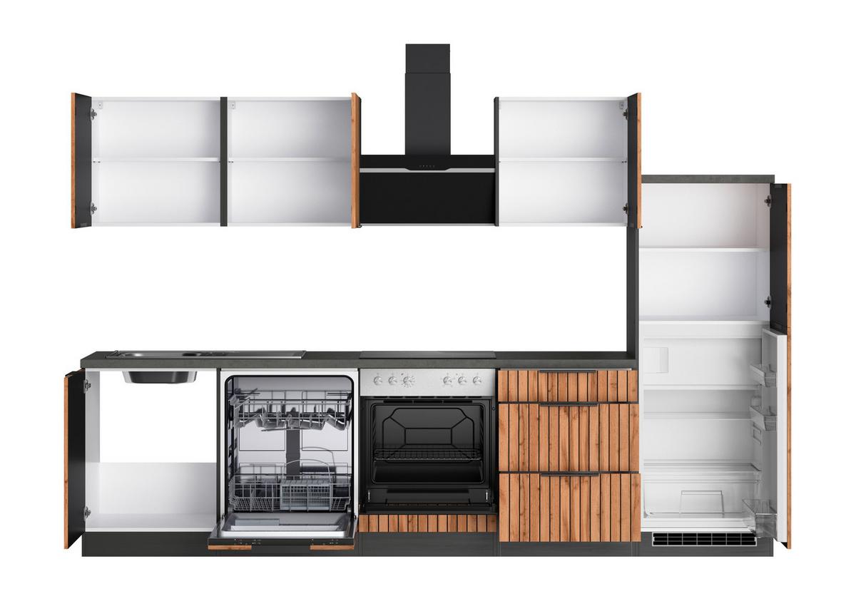 Küchenblock Liverpool m. Geräte Graphit/Eichefarben - Schieferfarben/Eiche Wotan, Basics, Holzwerkstoff/Metall (300cm) - Held