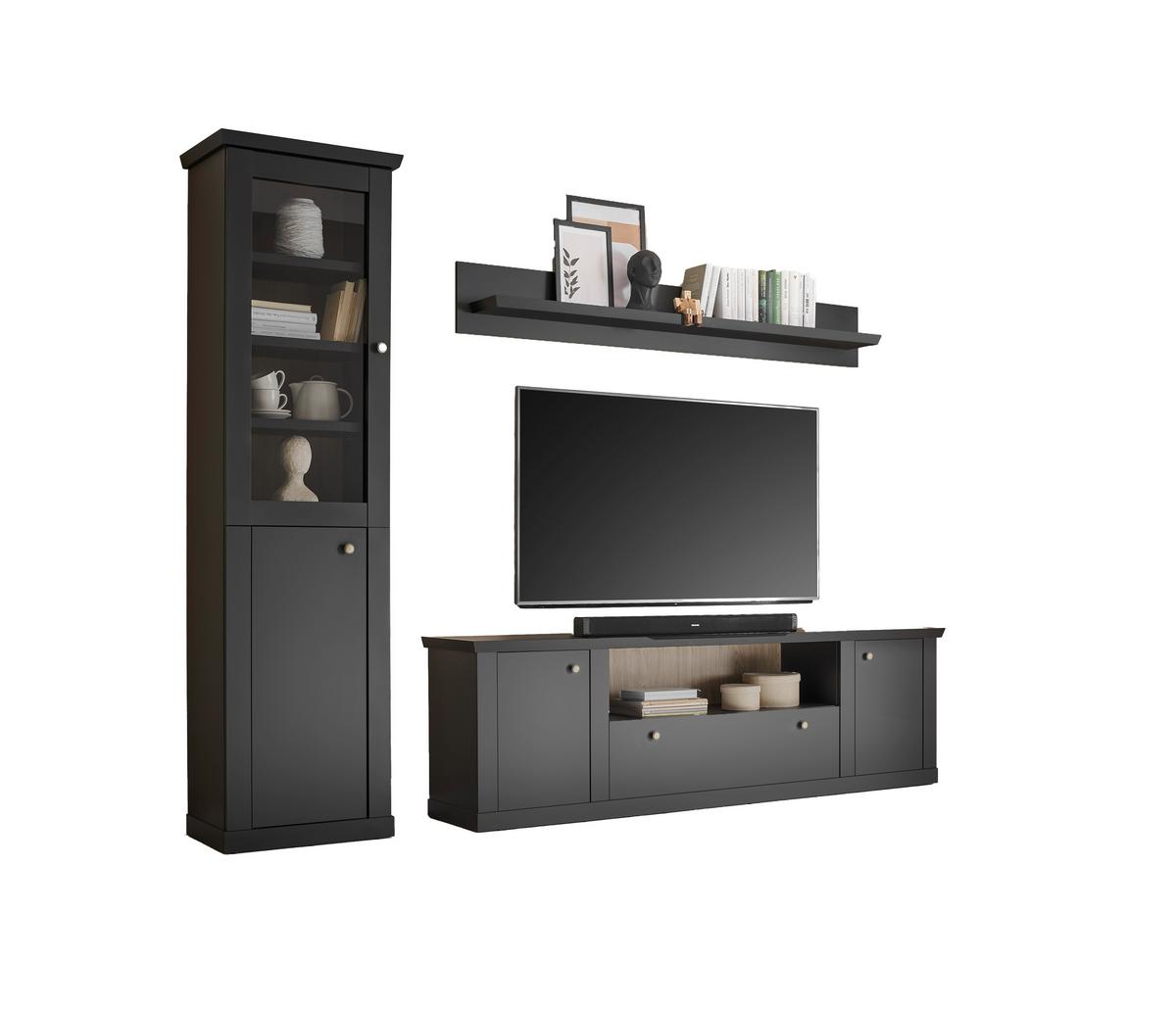 Wohnwand Lincoln Schwarz/Eichefarben B: 270cm - Eichefarben/Messingfarben, Design, Holzwerkstoff/Metall (270/200/42cm) - MID.YOU