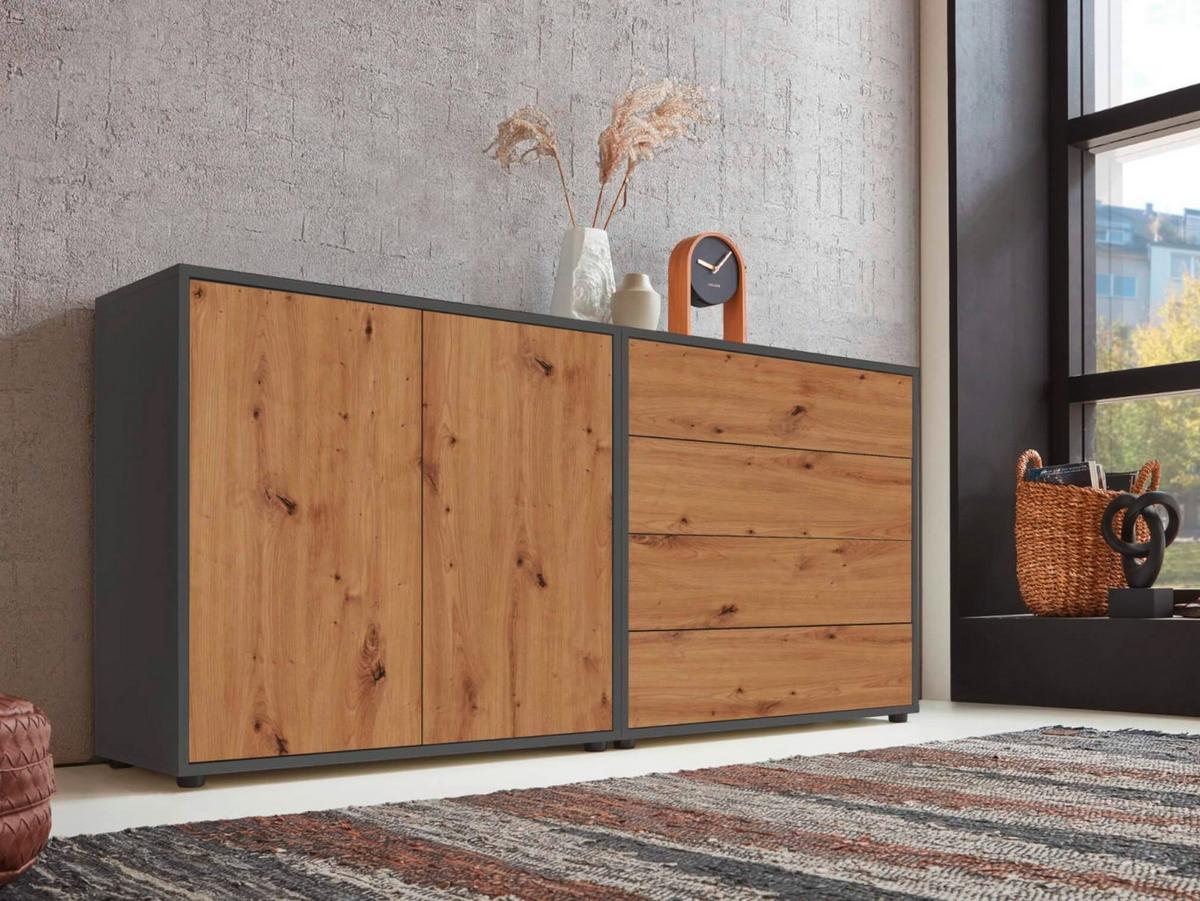 Sideboard Mailand Set 3 Anthrazit/Eiche Artisan - Anthrazit/Schwarz, MODERN, Holzwerkstoff/Kunststoff (158/73/33cm) - MID.YOU