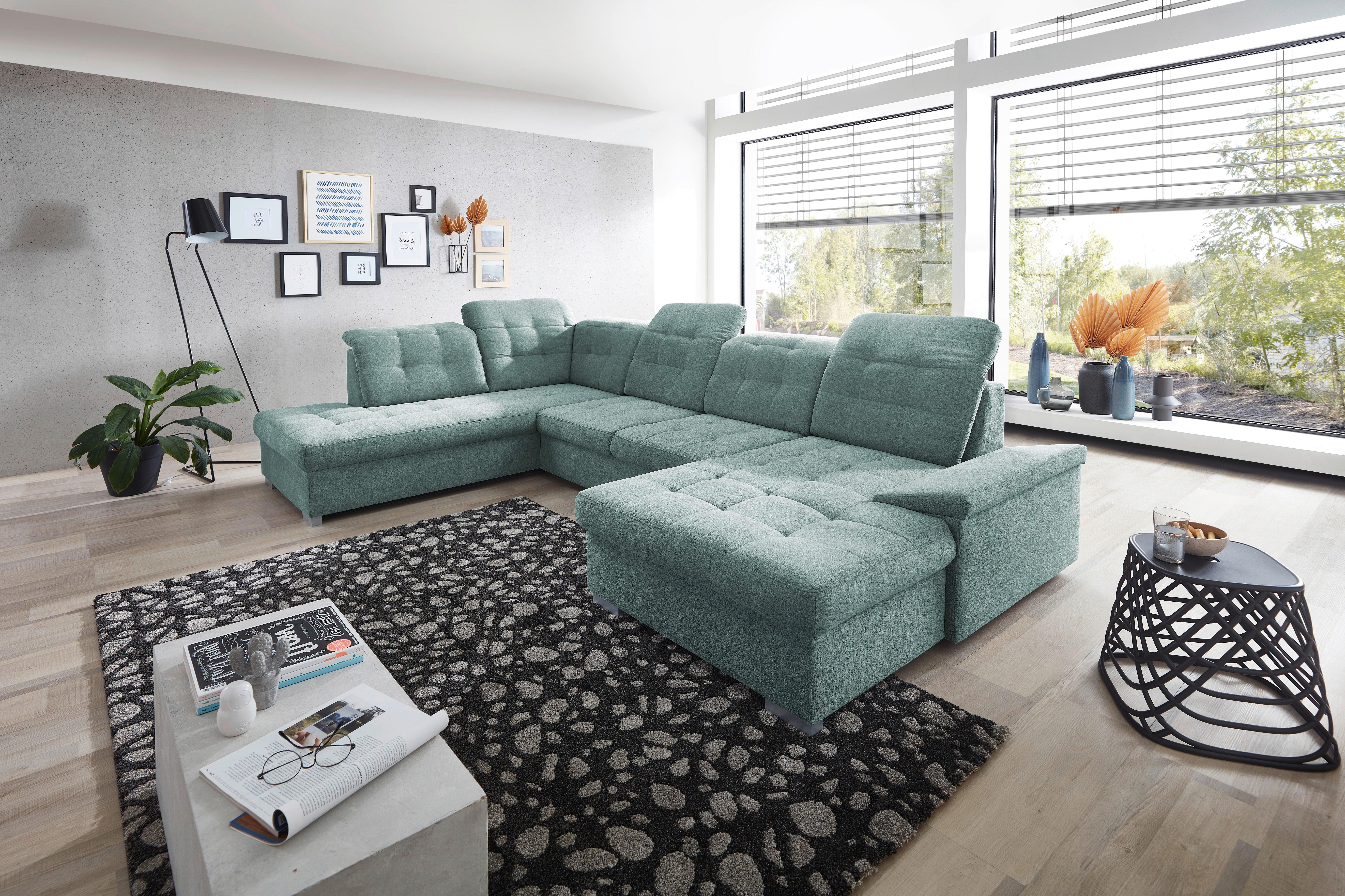 Wohnlandschaft Zira Mintgrün Nylon/Mikrofaser - Chromfarben/Mintgrün, Design, Kunststoff/Textil (212/330/169cm) - Livetastic