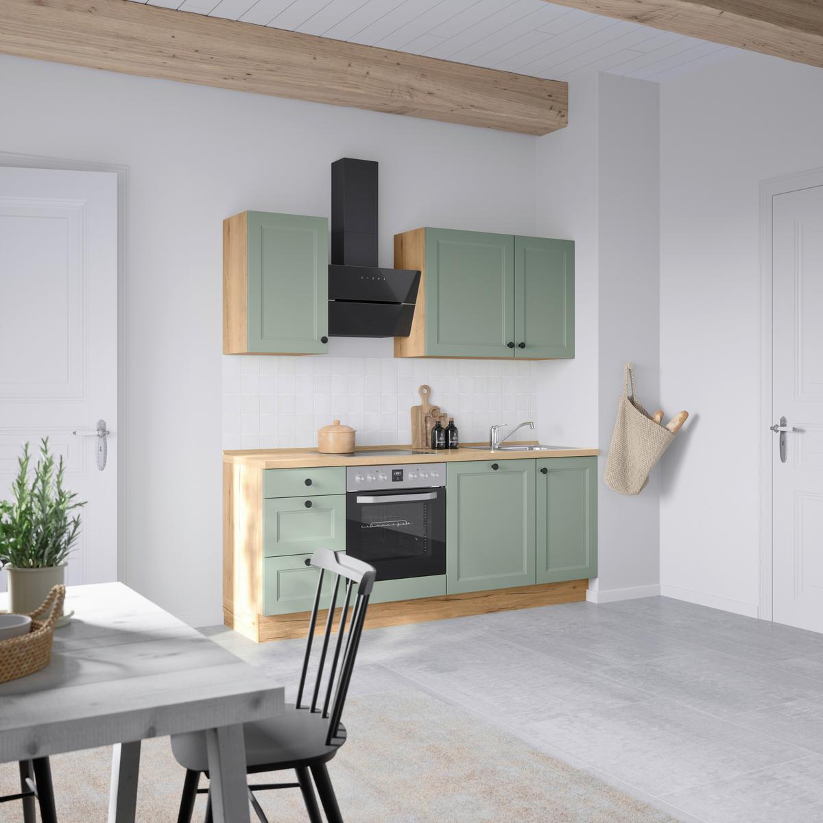 Küchenblock Cascada High m. Geräten Schilfgrün - Schilfgrün/Eichefarben, MODERN, Holzwerkstoff/Metall (210cm) - Nobilia