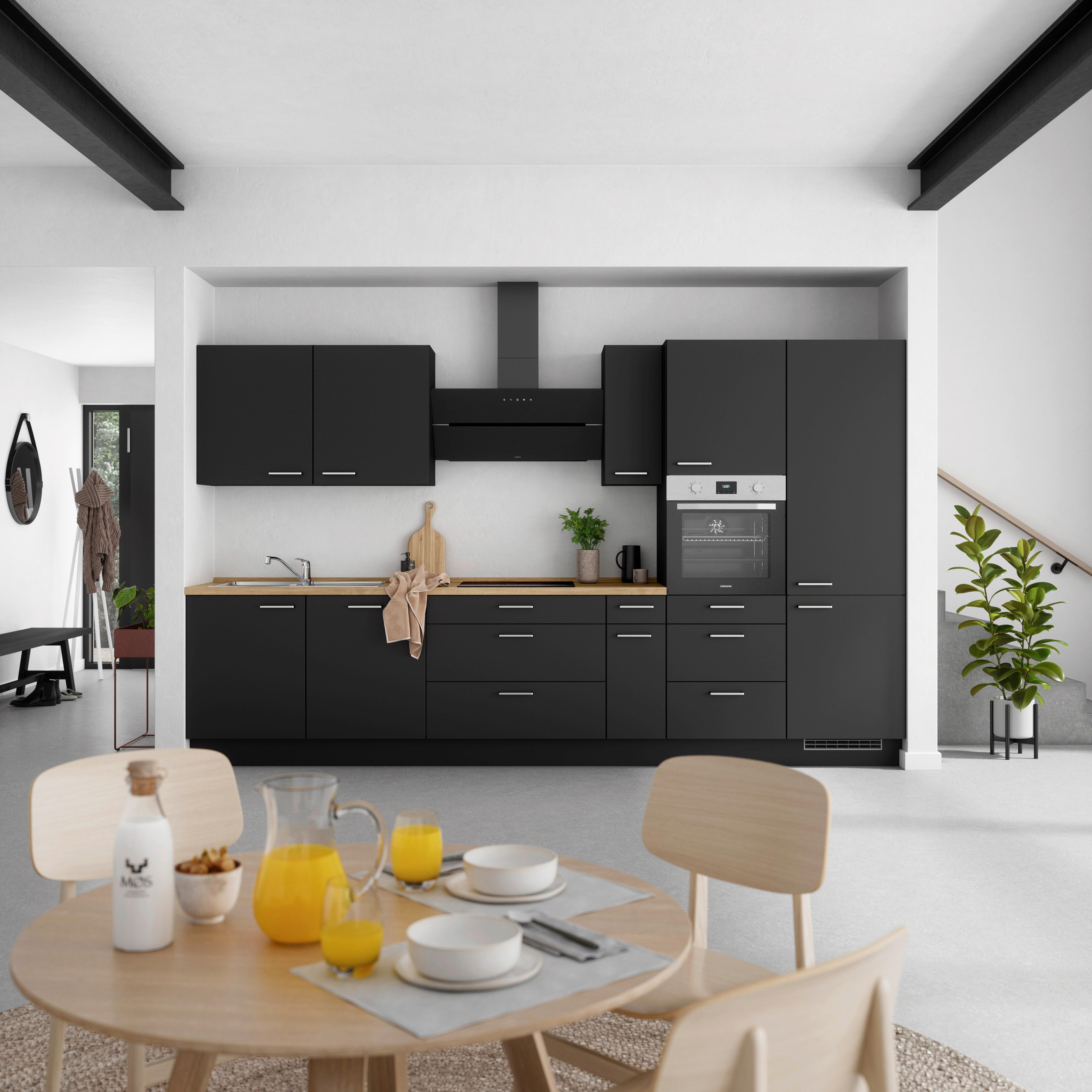 Küchenblock Touch High m. Geräten Schwarz - Edelstahlfarben/Eichefarben, MODERN, Holzwerkstoff/Metall (360cm) - Nobilia