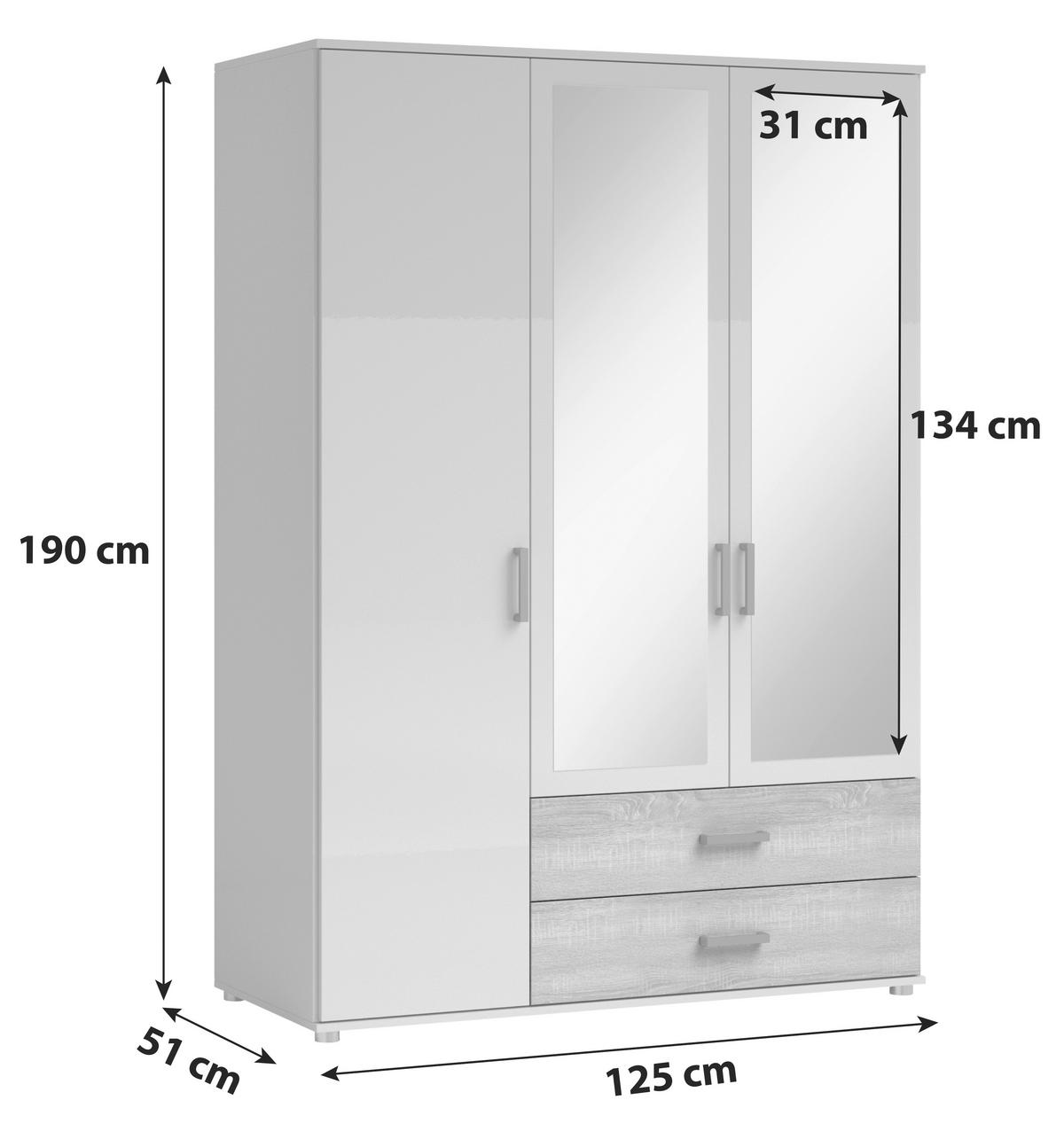 Omara S Klasičnimi Vrati Ivar, Bela, Barva Hrasta - bela/barve aluminija, Moderno, umetna masa/leseni material (125/190/51cm) - MID.YOU