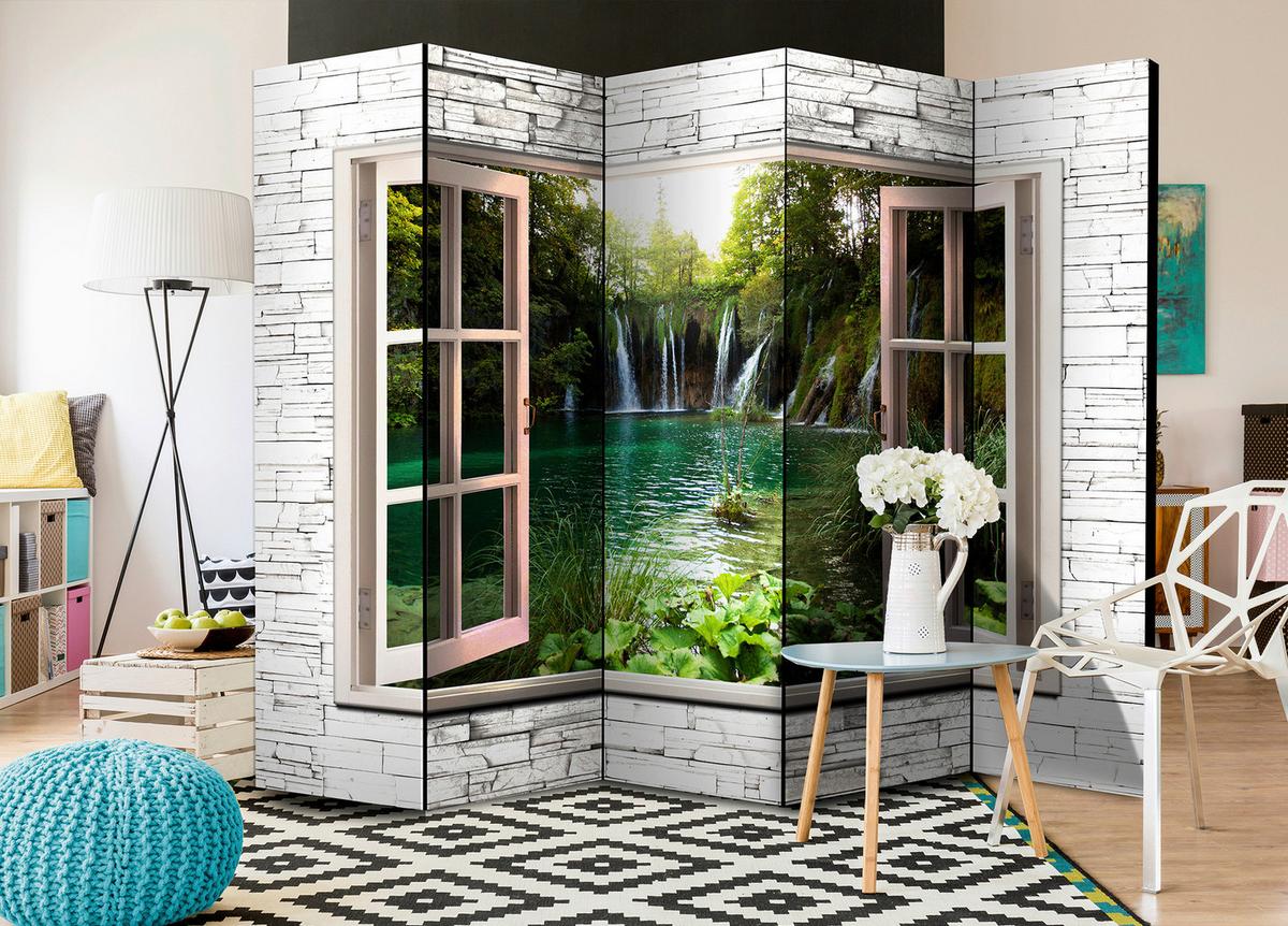 Paravent Green Treasure II Grün/Grauweiß - Grauweiß/Grün, Basics, Holz/Textil (225/172/3cm) - artgeist