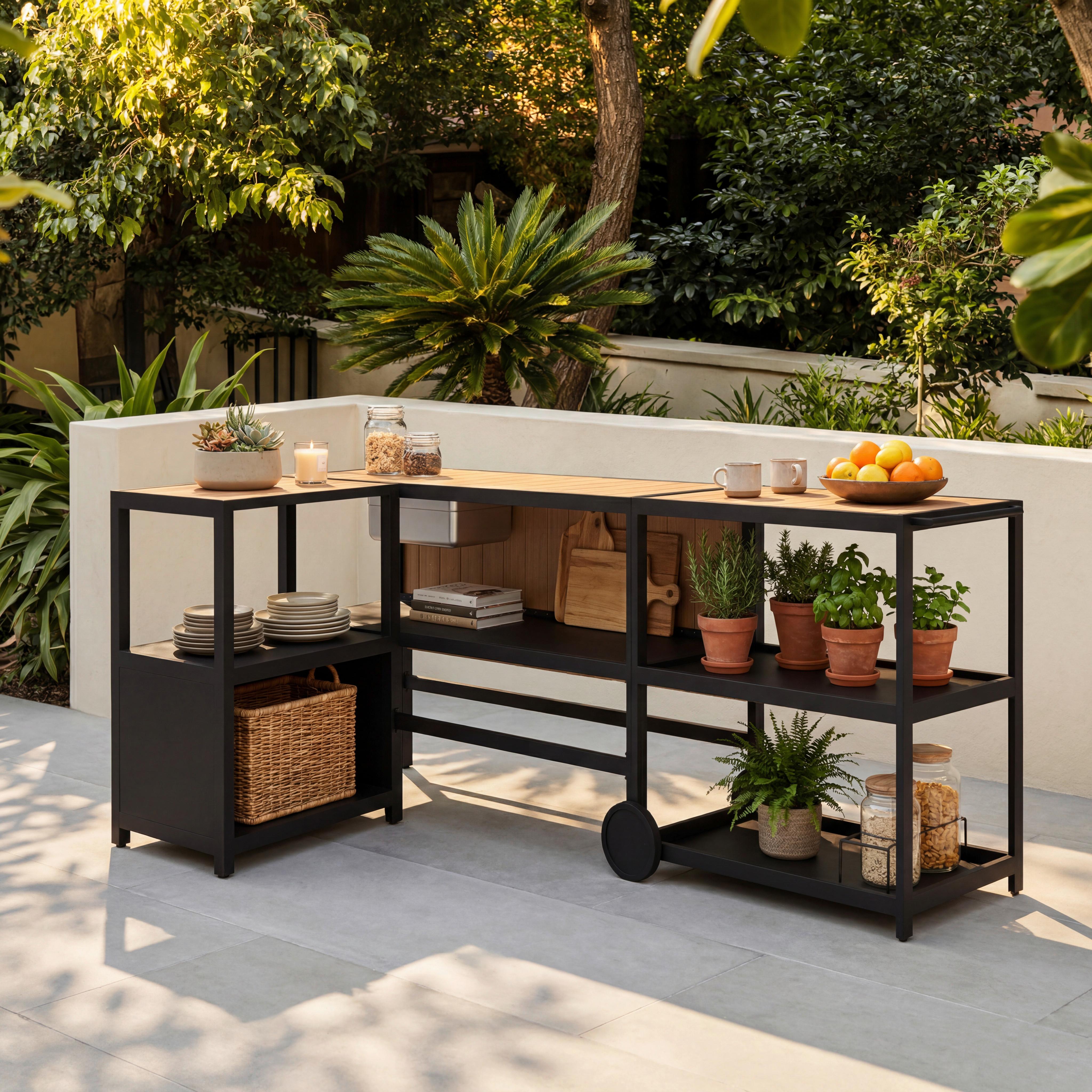 Outdoorküche Delia Schwarz /Naturfarben inkl. Abdeckung - Schwarz/Naturfarben, MODERN, Kunststoff/Metall (239/90/120cm) - Bessagi Garden