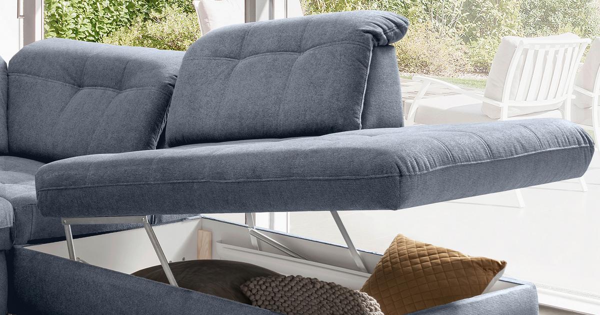 Wohnlandschaft Rigatti Hellblau Chenille m.Bettkasten - Schwarz/Hellblau, MODERN, Textil/Metall (184/387/252cm) - Livetastic