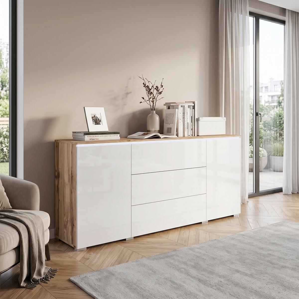 Sideboard Vera mit LED ca. 150 cm Weiß/Eiche Wotan - Weiß Hochglanz/Eiche Wotan, LIFESTYLE, Holzwerkstoff/Kunststoff (150/67,9/39,5cm) - P & B