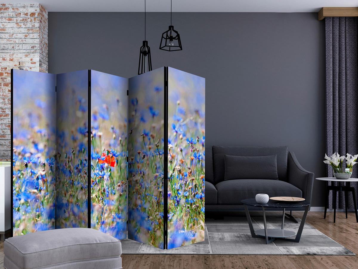 Paravan Flower Garden I, 5-Delni, Enostranski - svetlo modra/svetlo zelena, Basics, tekstil/les (225/172/3cm) - artgeist